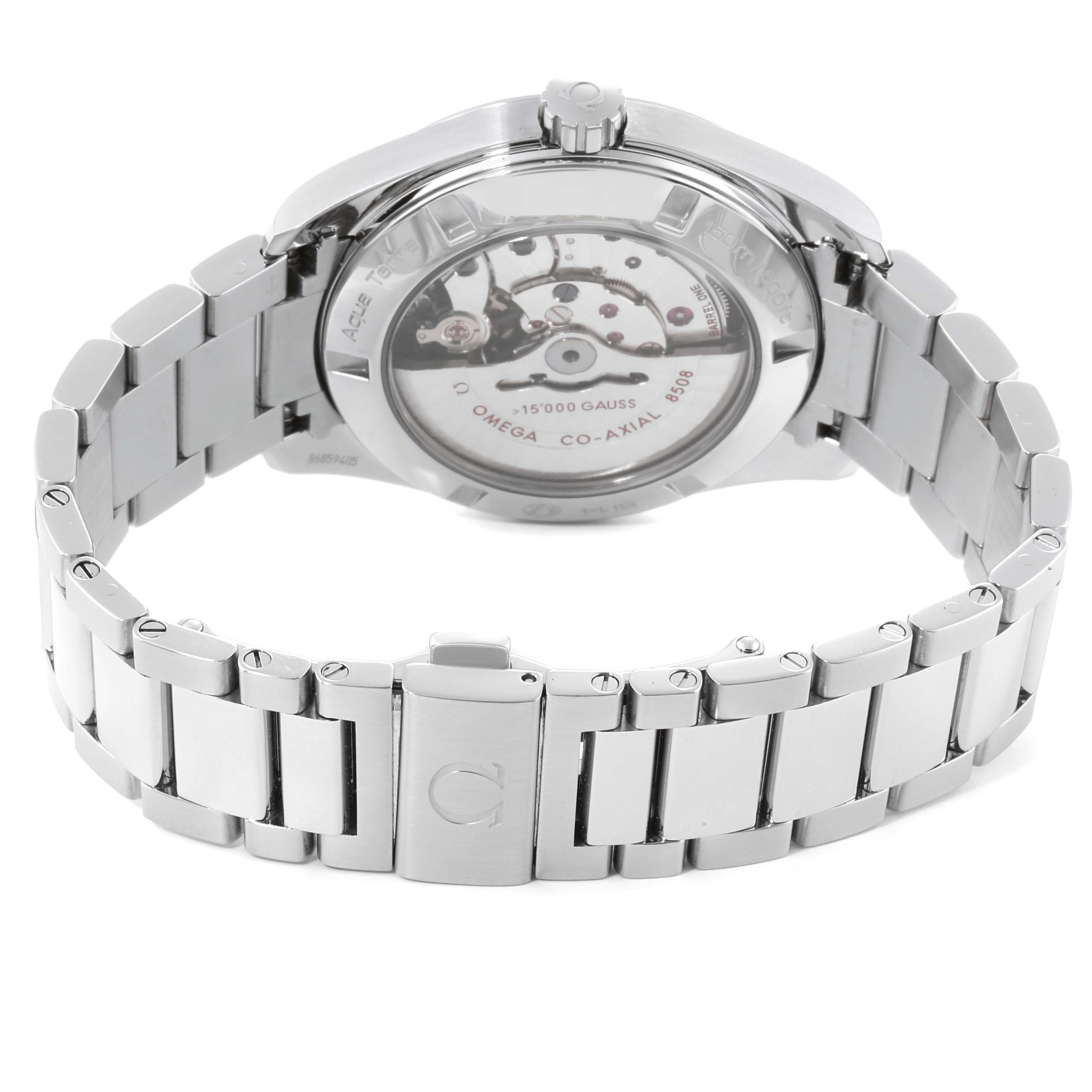 The image shows the back view of the Omega Aqua Terra 231.10.42.21.01.002 Men's Stainless Steel Black Dial 231.10.42.21.01.002 Men's Stainless Steel Black Dial watch, highlighting the movement through the transparent case back and the stainless steel bracelet.