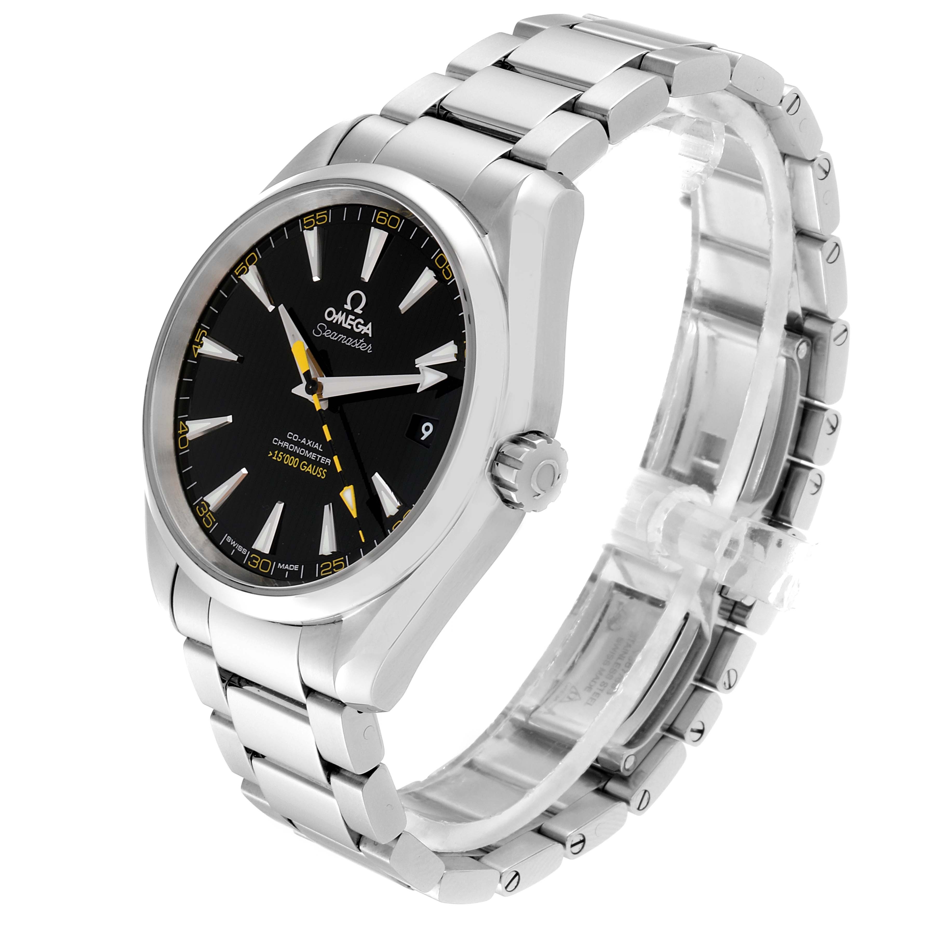 The image shows an angled view of an Omega Aqua Terra 231.10.42.21.01.002 Men's Stainless Steel Black Dial 231.10.42.21.01.002 Men's Stainless Steel Black Dial watch, highlighting the face, crown, and bracelet.