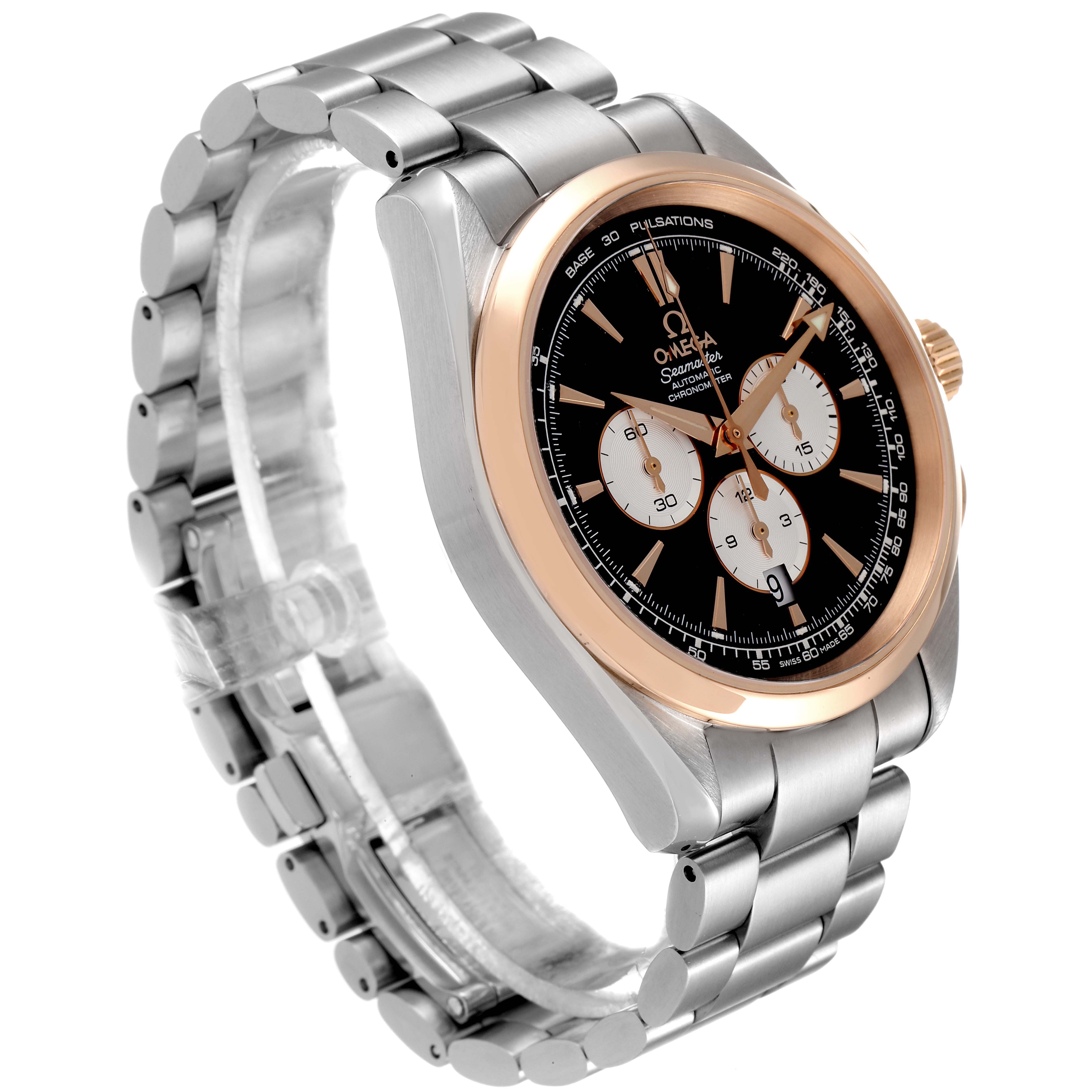 The image shows an Omega Aqua Terra 221.20.42.40.01.002 Men's Steel and Gold (two tone) Black Dial 221.20.42.40.01.002 Men's Steel and Gold (two tone) Black Dial watch at a slight angle, emphasizing the face, bezel, and bracelet.