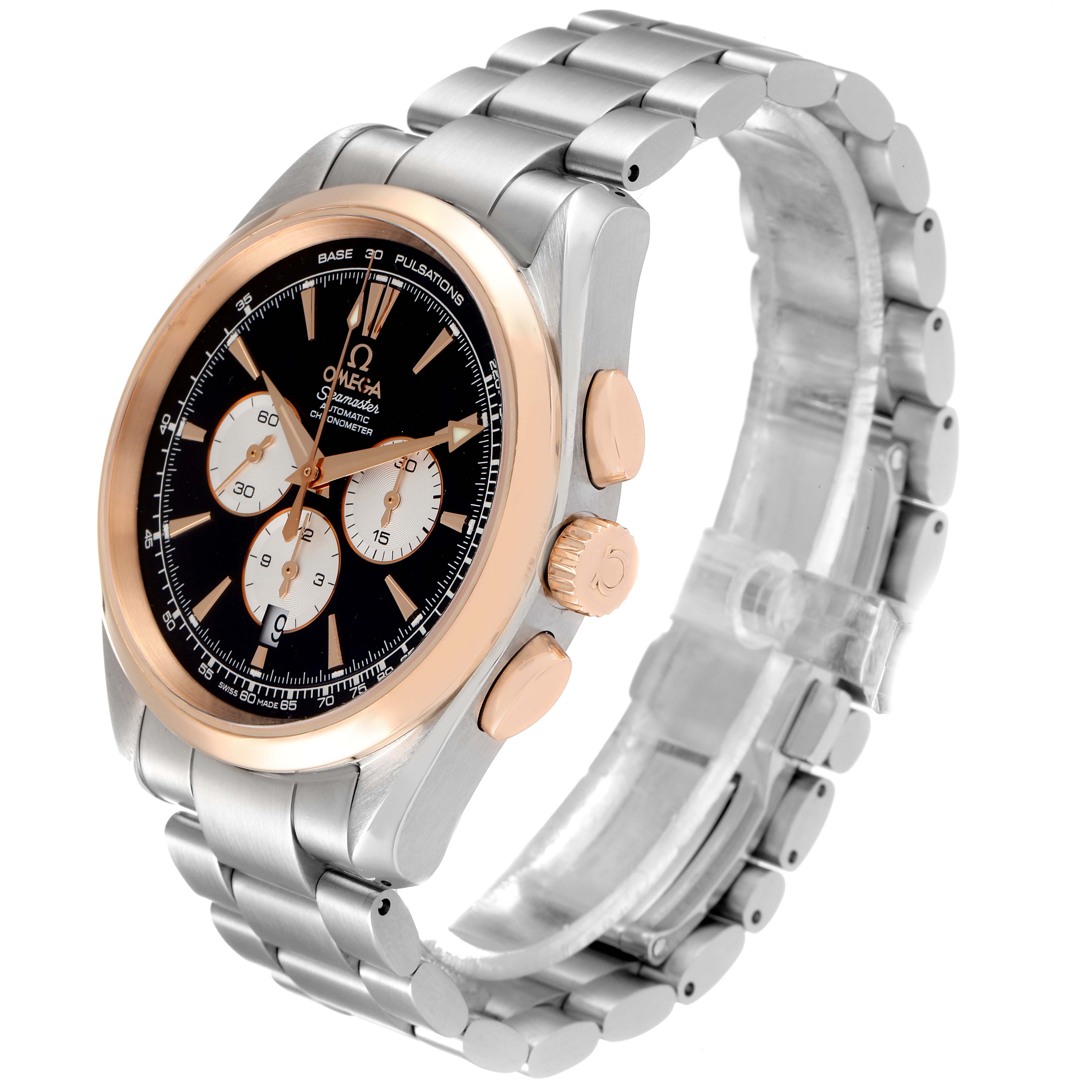 The Omega Aqua Terra 221.20.42.40.01.002 Men's Steel and Gold (two tone) Black Dial 221.20.42.40.01.002 Men's Steel and Gold (two tone) Black Dial watch is shown at a three-quarter angle, highlighting the dial, crown, pushers, and metal bracelet.