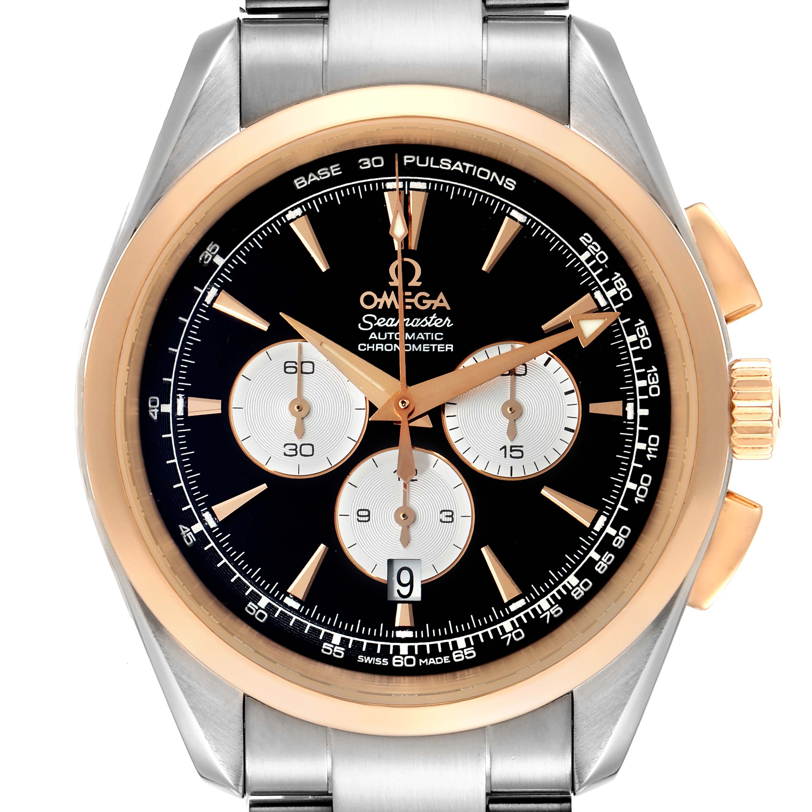 The image shows a front view of the Omega Aqua Terra 221.20.42.40.01.002 Men's Steel and Gold (two tone) Black Dial 221.20.42.40.01.002 Men's Steel and Gold (two tone) Black Dial watch, highlighting the dial, bezel, and crown.