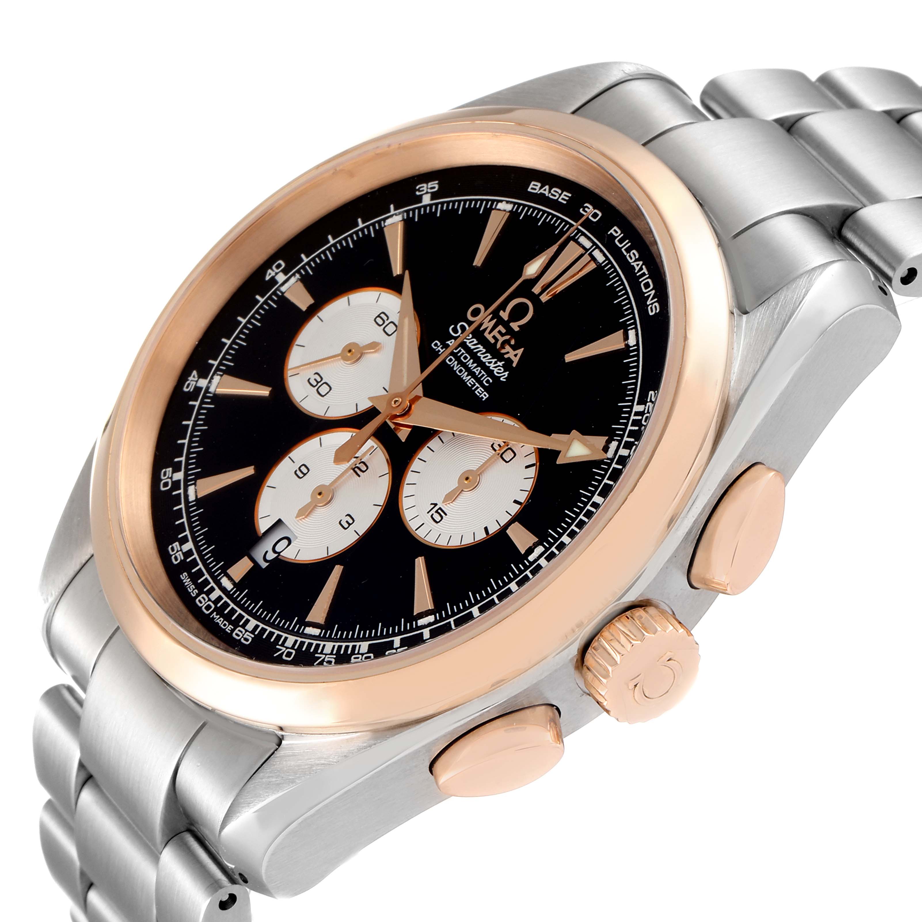 The image shows an angled view of an Omega Aqua Terra 221.20.42.40.01.002 Men's Steel and Gold (two tone) Black Dial 221.20.42.40.01.002 Men's Steel and Gold (two tone) Black Dial watch, highlighting its dial, bezel, crown, and chronograph pushers.