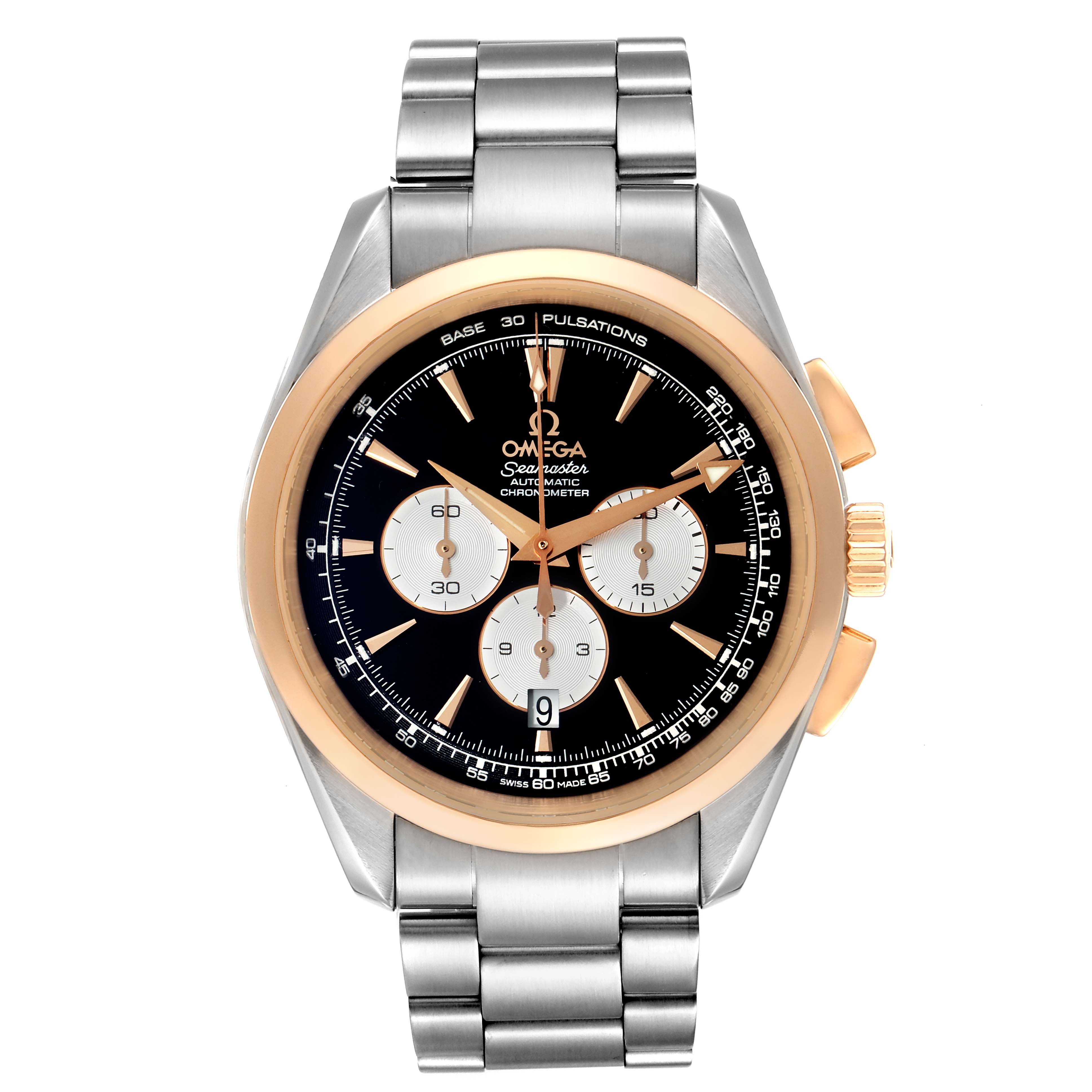 The Omega Aqua Terra 221.20.42.40.01.002 Men's Steel and Gold (two tone) Black Dial 221.20.42.40.01.002 Men's Steel and Gold (two tone) Black Dial watch shown from the front features a stainless steel bracelet and a gold bezel.
