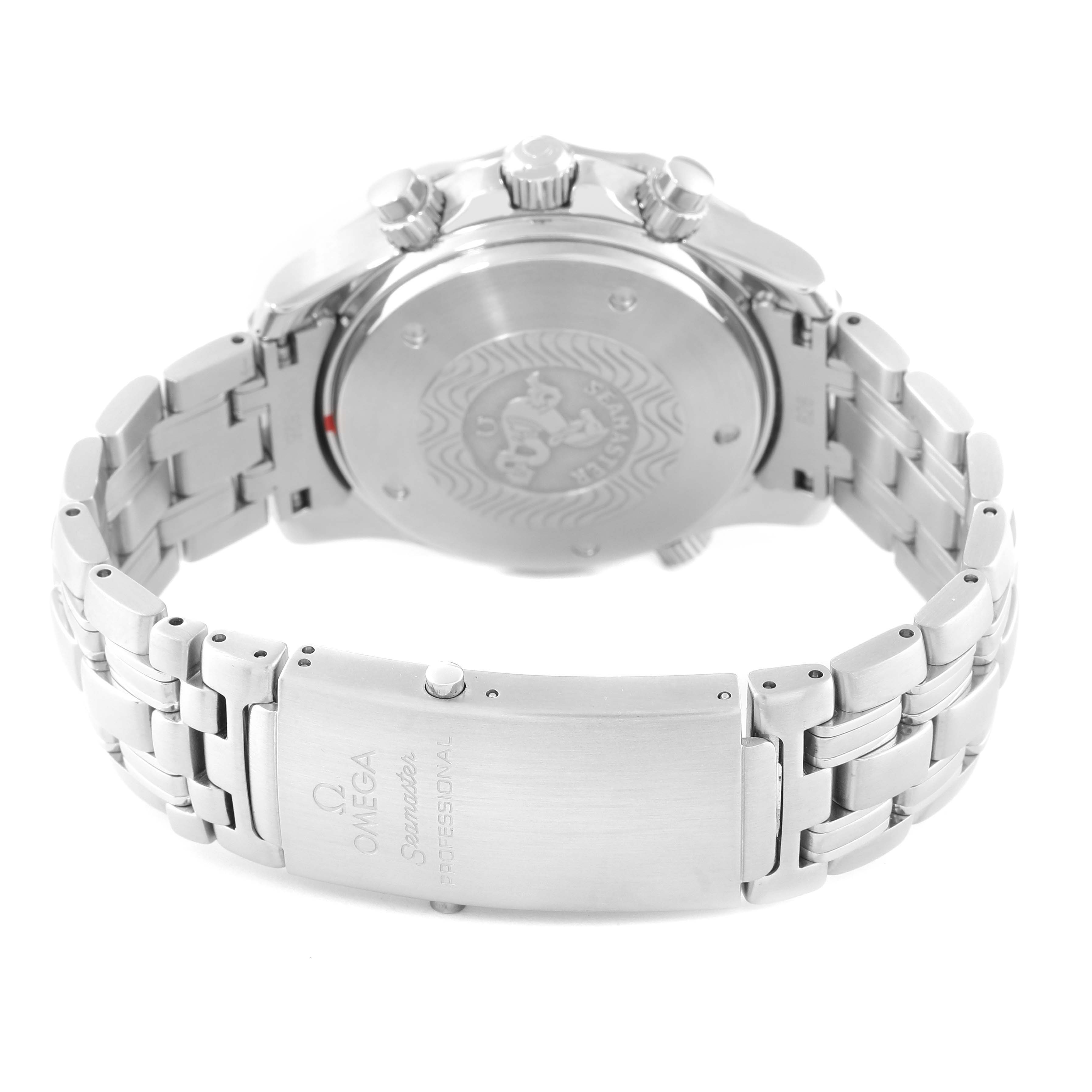 This image shows the Omega Seamaster 2599.80.00 Men
s Stainless Steel Blue Dial 2599.80.00 Men
s Stainless Steel Blue Dial watch from a rear angle, highlighting the case back, bracelet, and clasp.