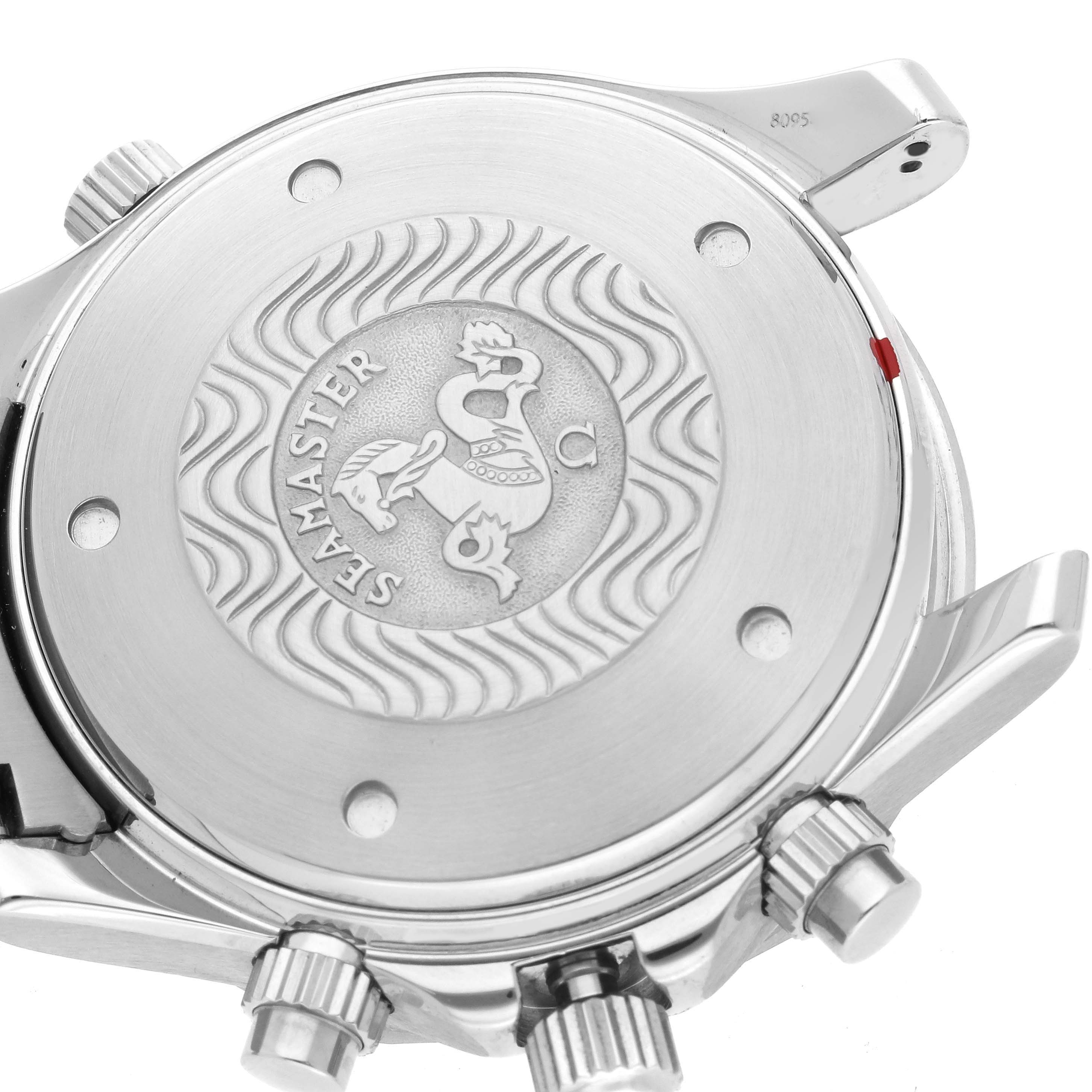 The image shows the back case of an Omega Seamaster 2599.80.00 Men
s Stainless Steel Blue Dial 2599.80.00 Men
s Stainless Steel Blue Dial watch with visible crown and pushers.