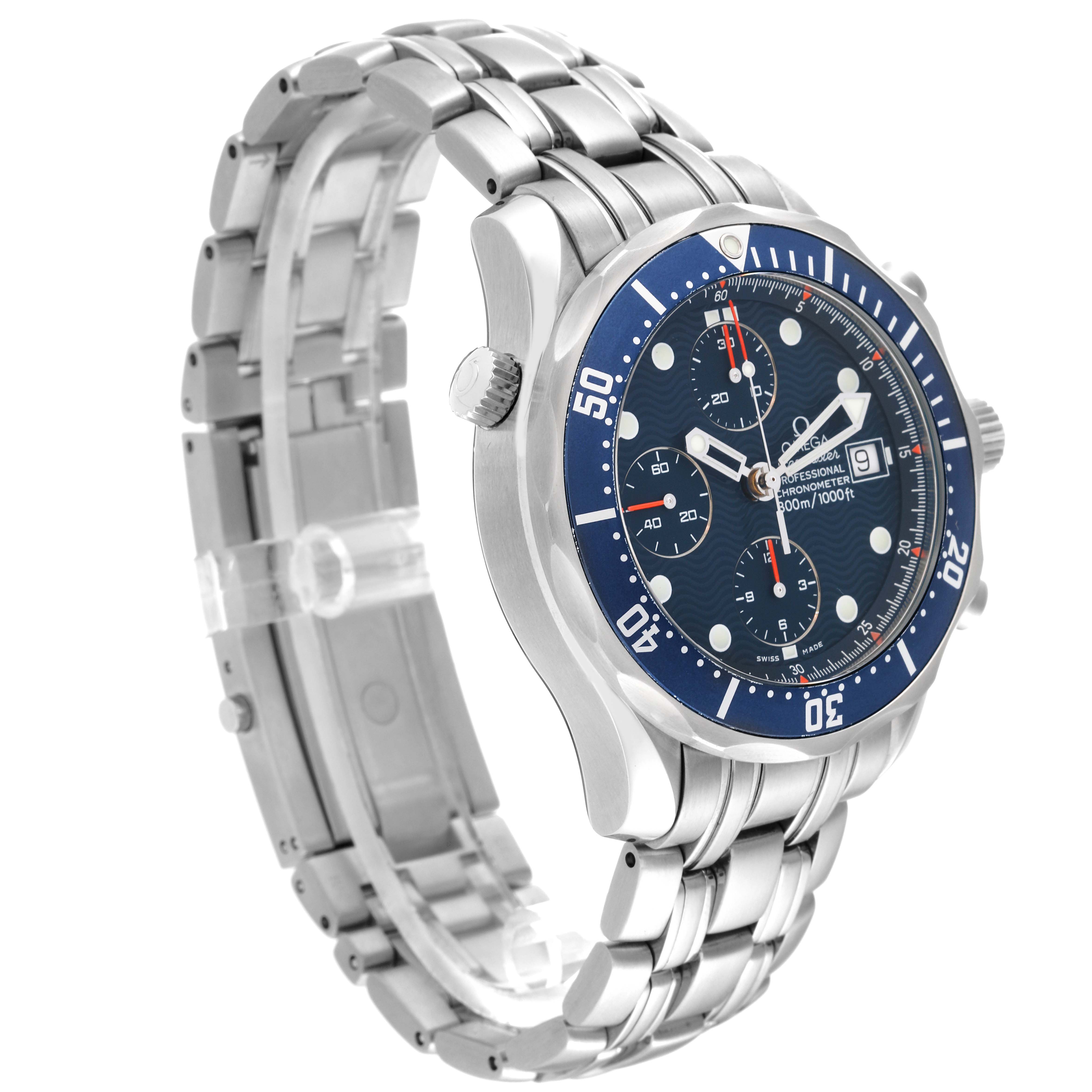 This image shows a side-angle view of an Omega Seamaster 2599.80.00 Men
s Stainless Steel Blue Dial 2599.80.00 Men
s Stainless Steel Blue Dial, featuring its bezel, chronograph dials, crown, and metal bracelet.