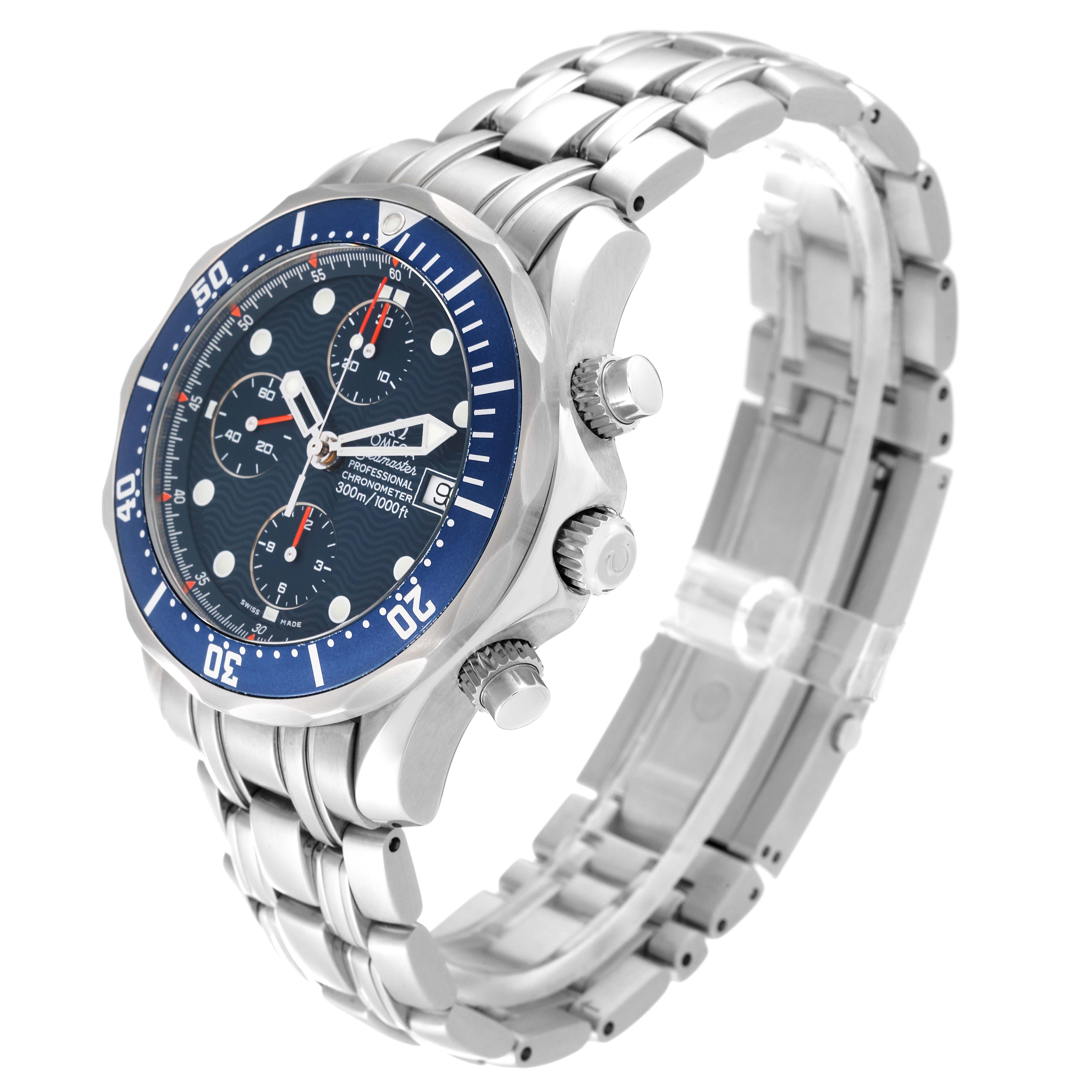 The Omega Seamaster 2599.80.00 Men
s Stainless Steel Blue Dial 2599.80.00 Men
s Stainless Steel Blue Dial watch is shown from a three-quarter angle, highlighting its face, bezel, crown, and stainless steel bracelet.