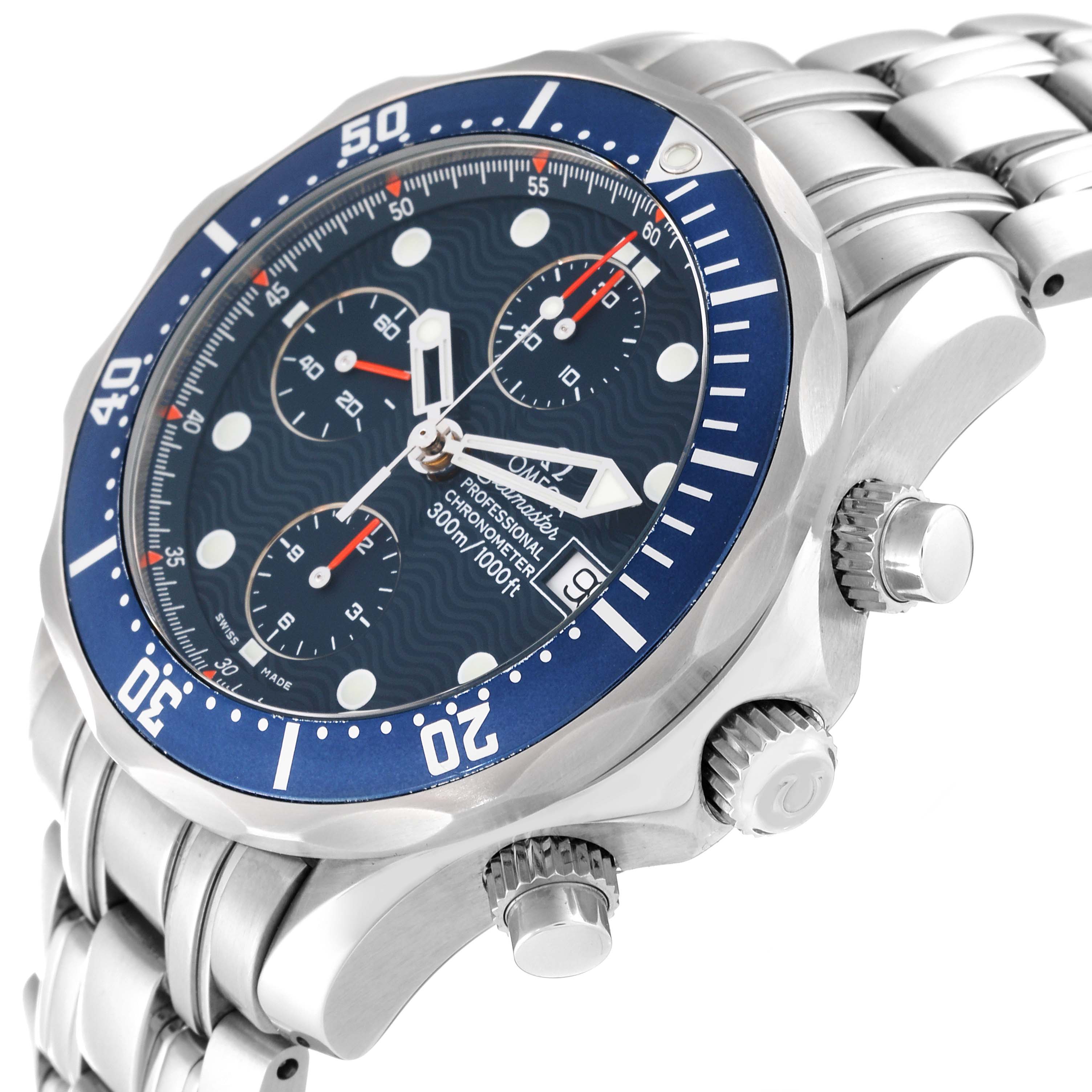 The Omega Seamaster 2599.80.00 Men
s Stainless Steel Blue Dial 2599.80.00 Men
s Stainless Steel Blue Dial watch is shown at a slight angle from the side, highlighting the bezel, crown, chronograph dials, and part of the bracelet.
