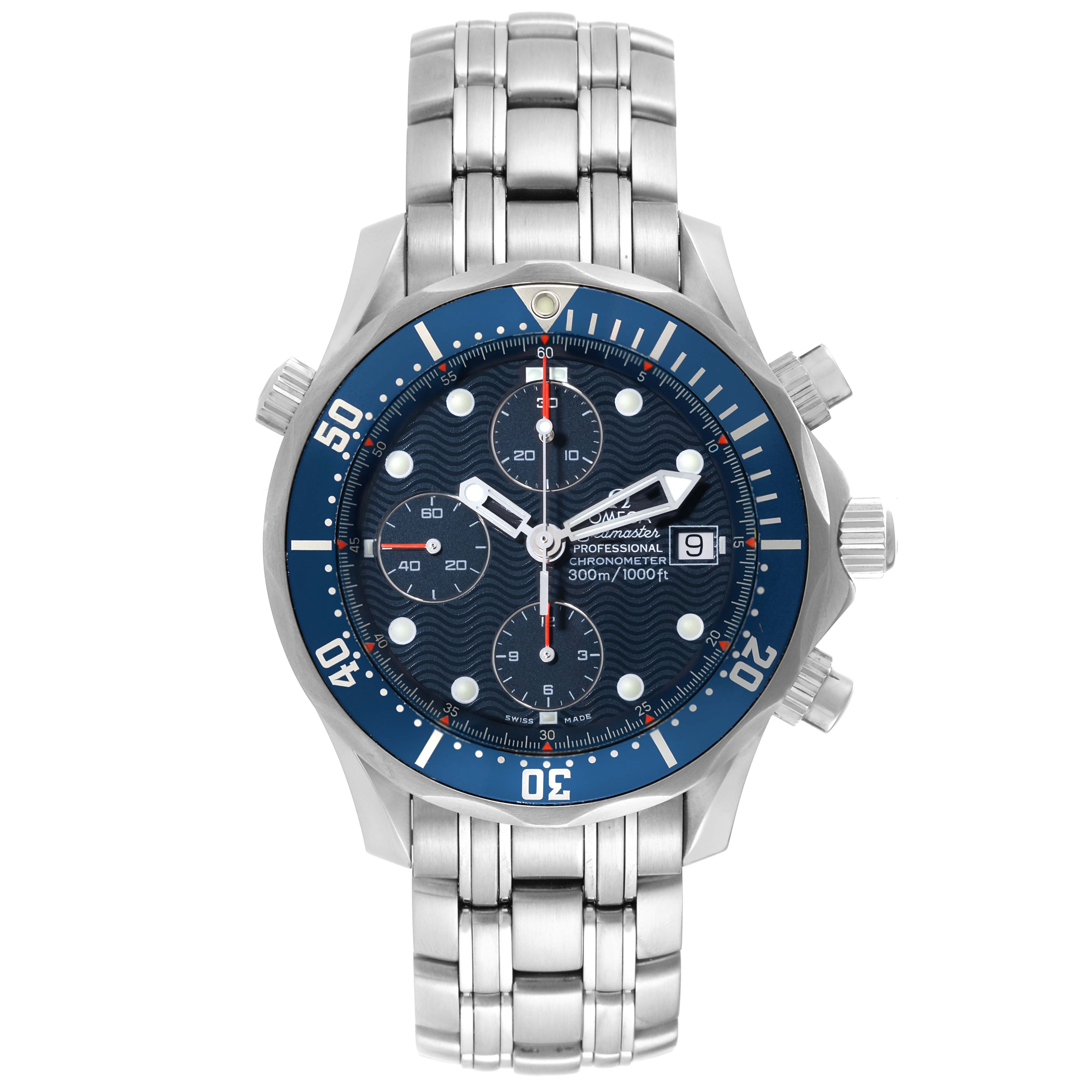 The image shows a front view of an Omega Seamaster 2599.80.00 Men
s Stainless Steel Blue Dial 2599.80.00 Men
s Stainless Steel Blue Dial watch with a blue dial and silver bracelet.