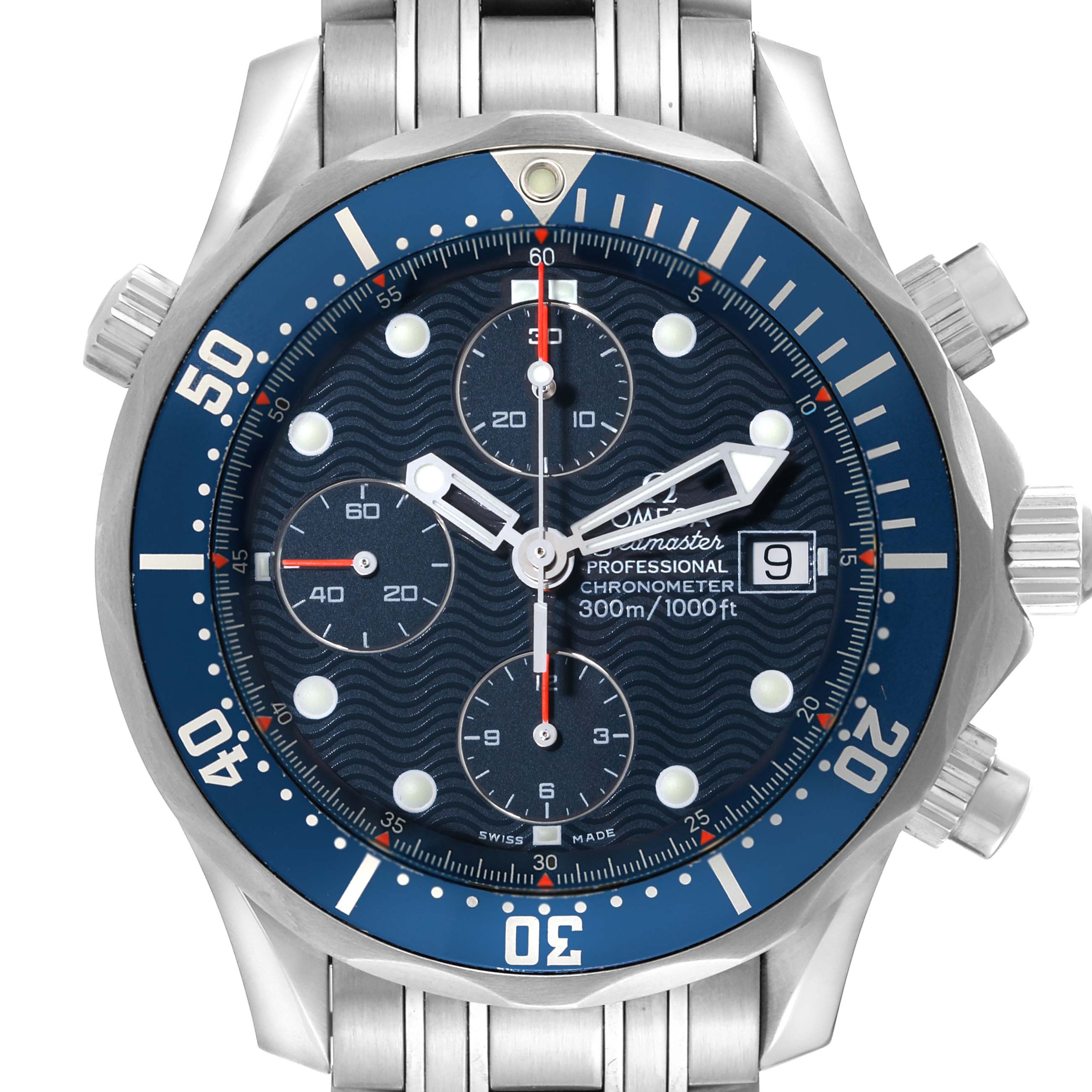 The image shows a front view of an Omega Seamaster 2599.80.00 Men
s Stainless Steel Blue Dial 2599.80.00 Men
s Stainless Steel Blue Dial watch, highlighting the dial, hands, subdials, and metal bracelet.