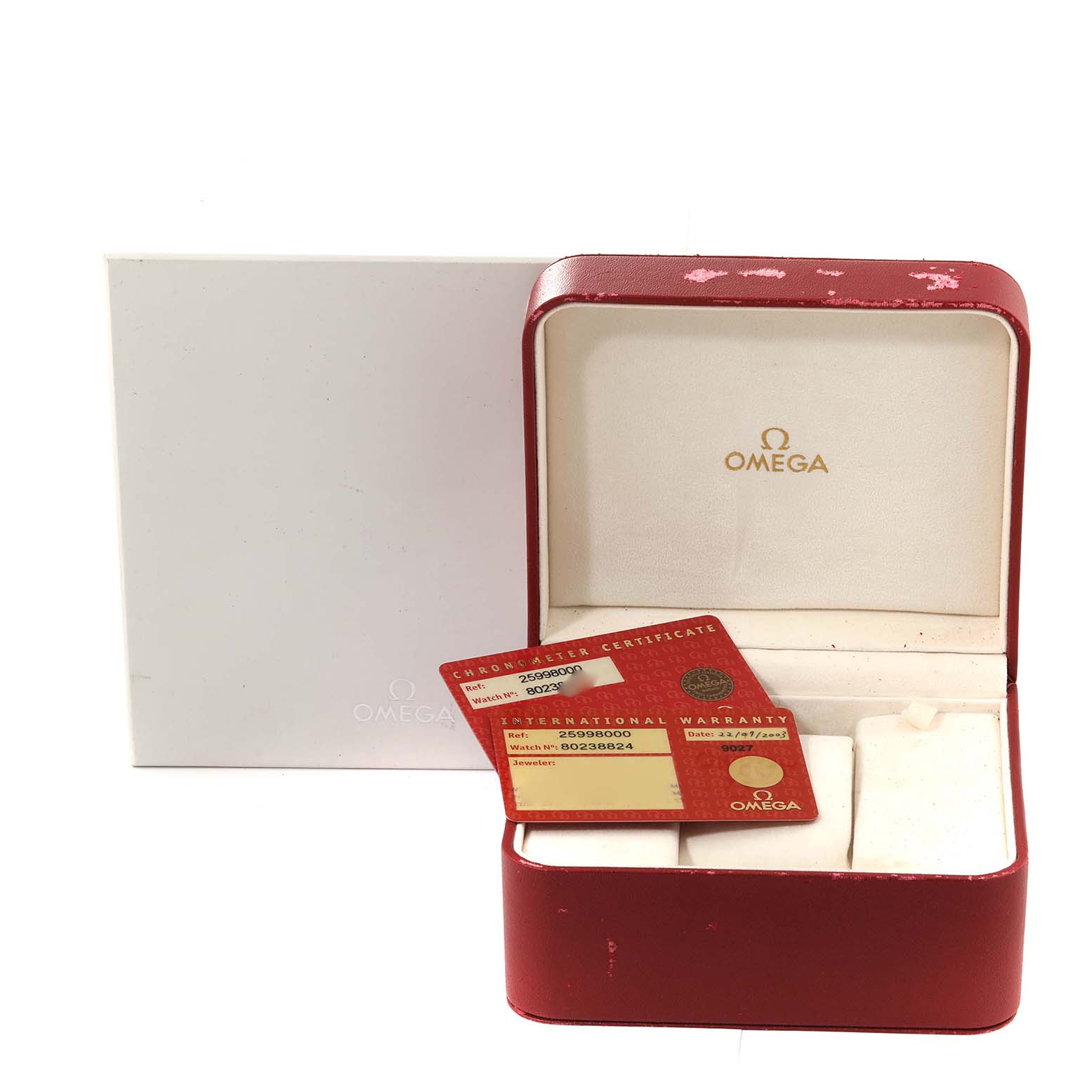 The image shows an Omega Seamaster 2599.80.00 Men's Stainless Steel Blue Dial 2599.80.00 Men's Stainless Steel Blue Dial watch box with warranty and chronometer certificate cards.