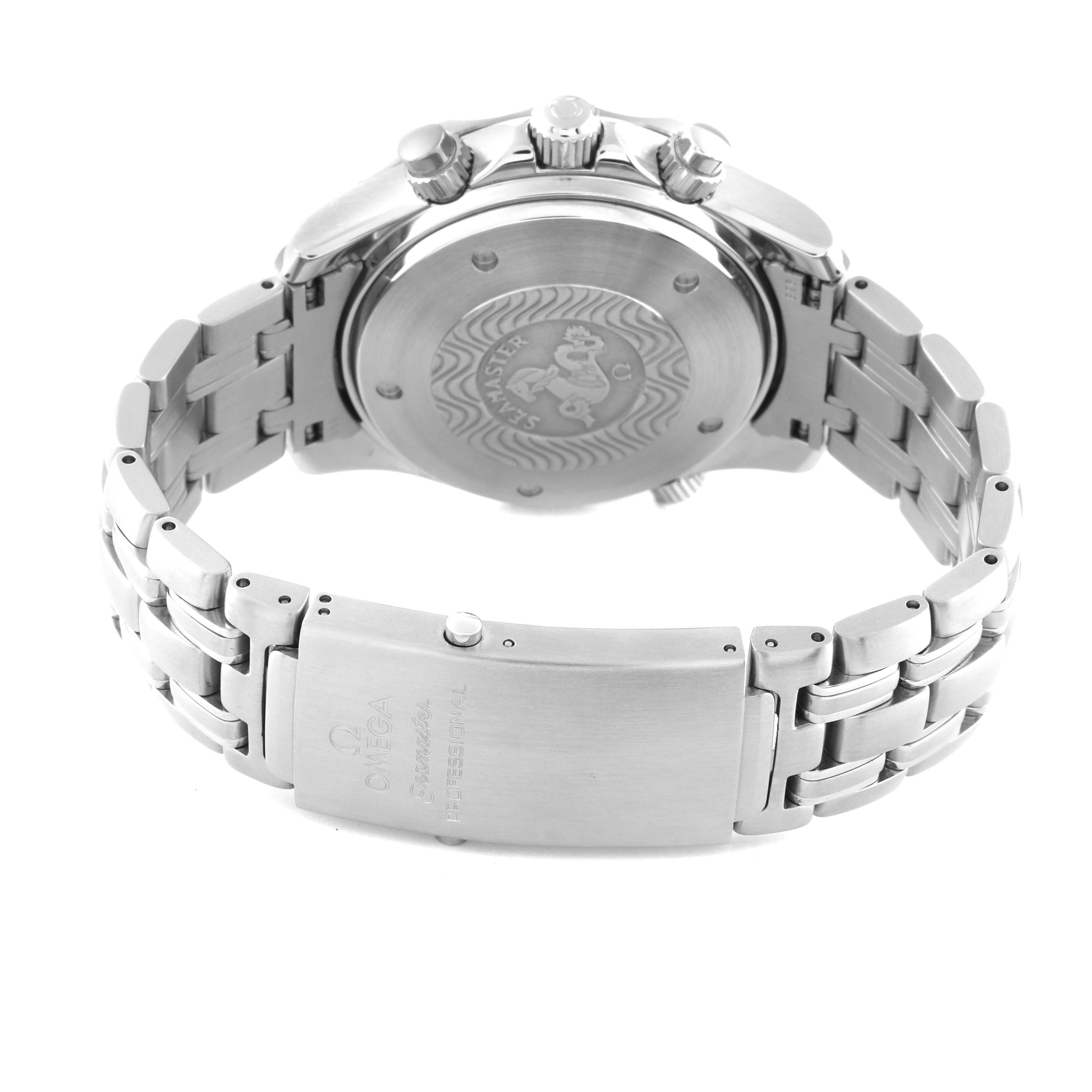 The image shows the back case, crown, and clasp of an Omega Seamaster 2599.80.00 Men's Stainless Steel Blue Dial 2599.80.00 Men's Stainless Steel Blue Dial watch at an angle.