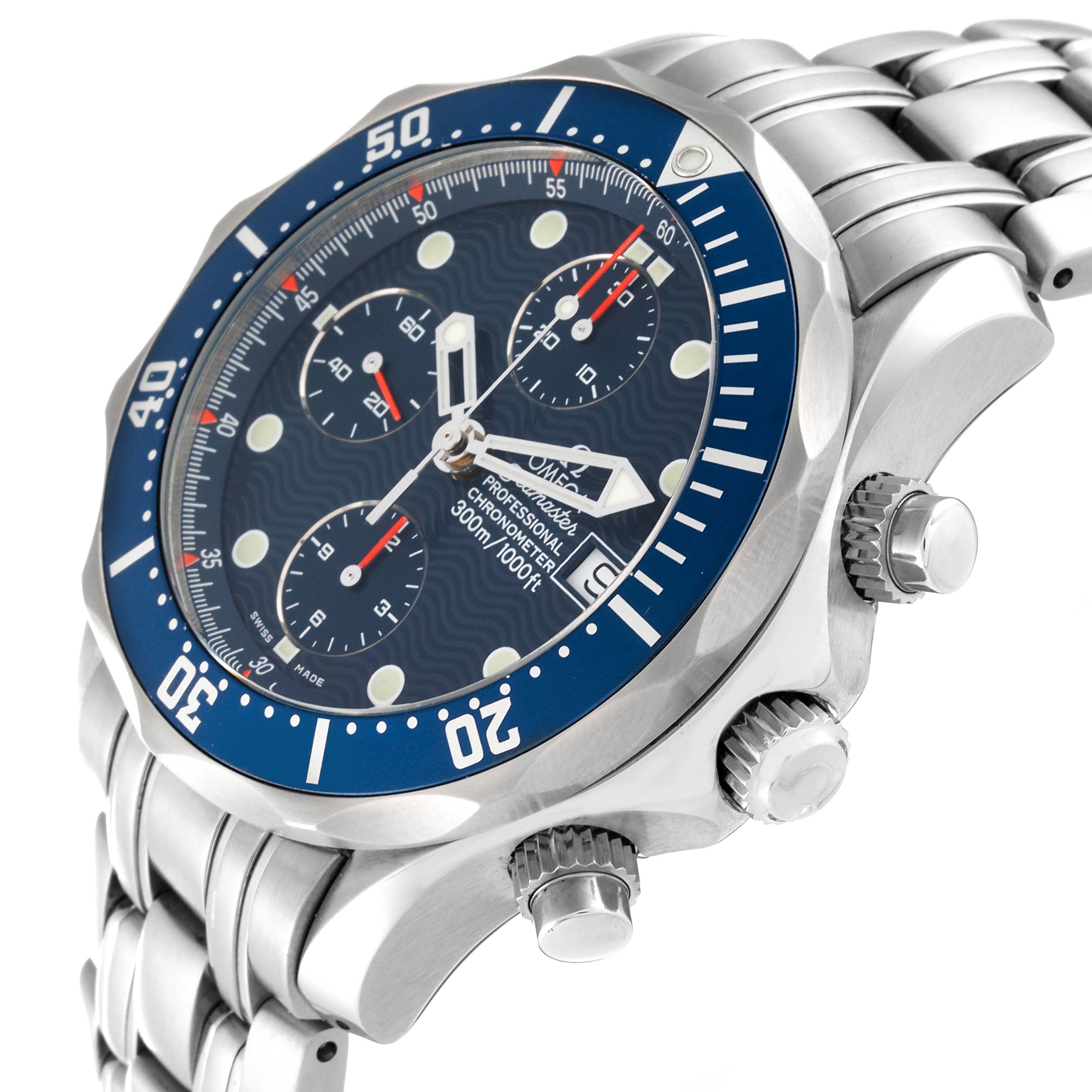 The image shows a side angle of the Omega Seamaster 2599.80.00 Men's Stainless Steel Blue Dial 2599.80.00 Men's Stainless Steel Blue Dial watch, highlighting the bezel, dial, crown, and pushers.