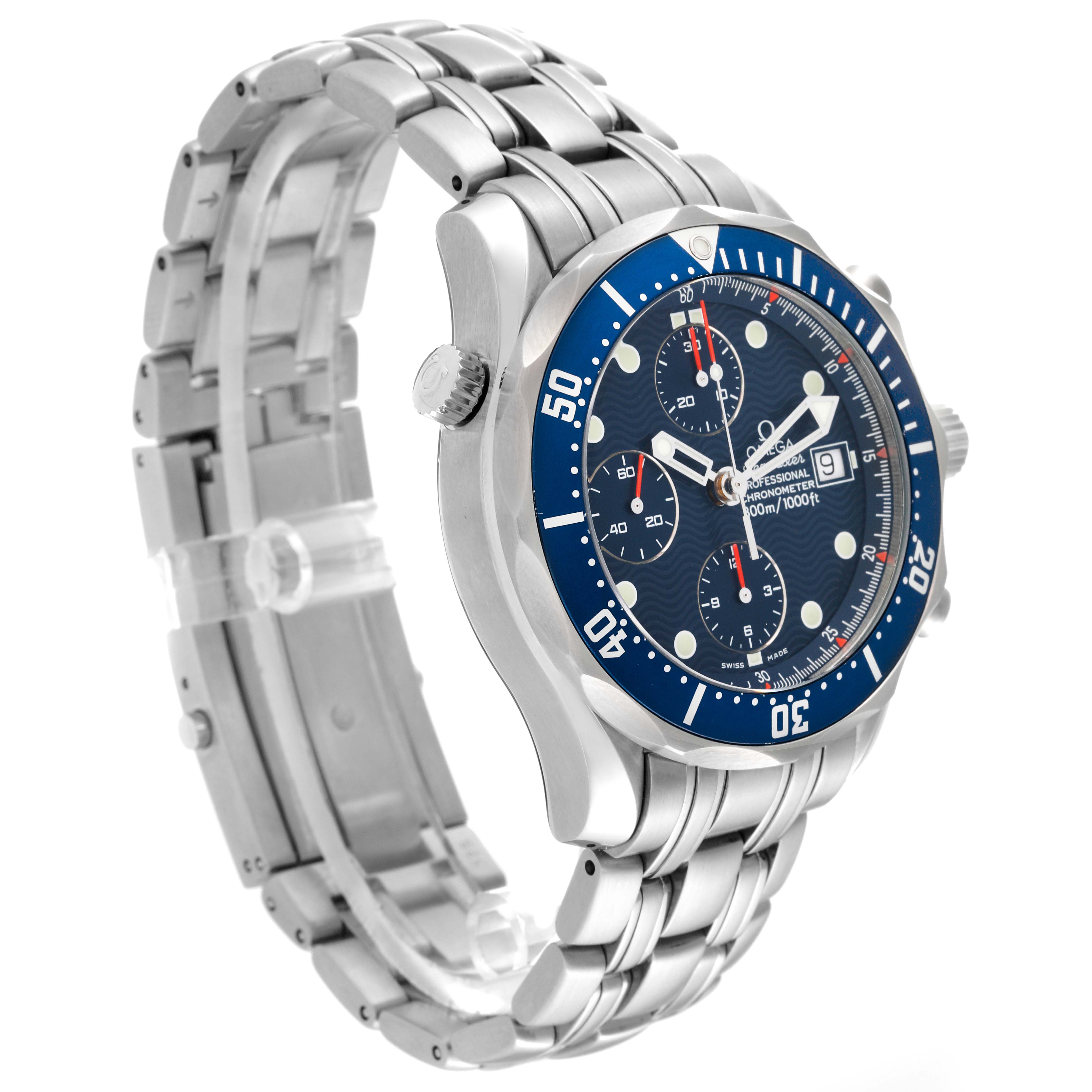 The image shows an angled side view of the Omega Seamaster 2599.80.00 Men's Stainless Steel Blue Dial 2599.80.00 Men's Stainless Steel Blue Dial, highlighting the bezel, dial, chronograph subdials, crown, and bracelet.