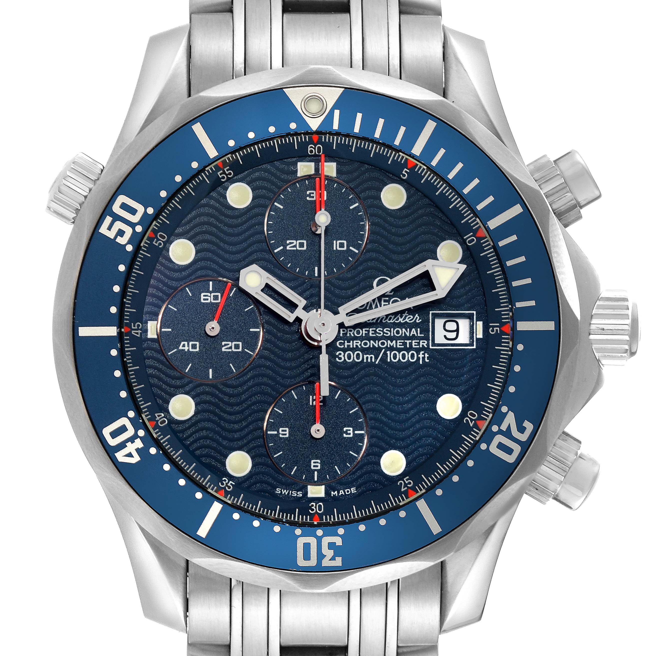 This is a close-up front view of an Omega Seamaster 2599.80.00 Men's Stainless Steel Blue Dial 2599.80.00 Men's Stainless Steel Blue Dial watch, showing the face, bezel, crown, and chronograph buttons.