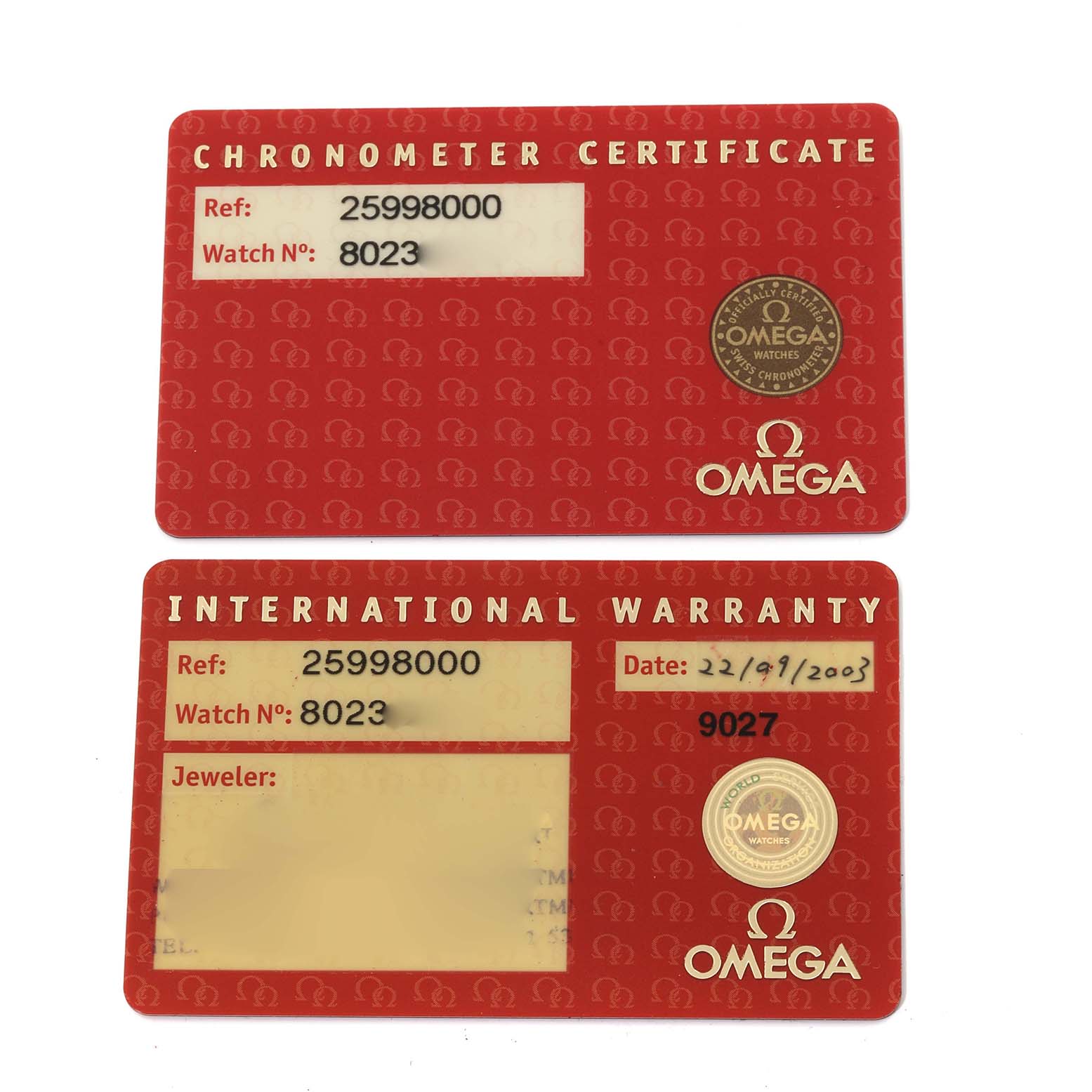 The image shows the Omega Seamaster 2599.80.00 Men's Stainless Steel Blue Dial 2599.80.00 Men's Stainless Steel Blue Dial model's chronometer certificate and international warranty cards.