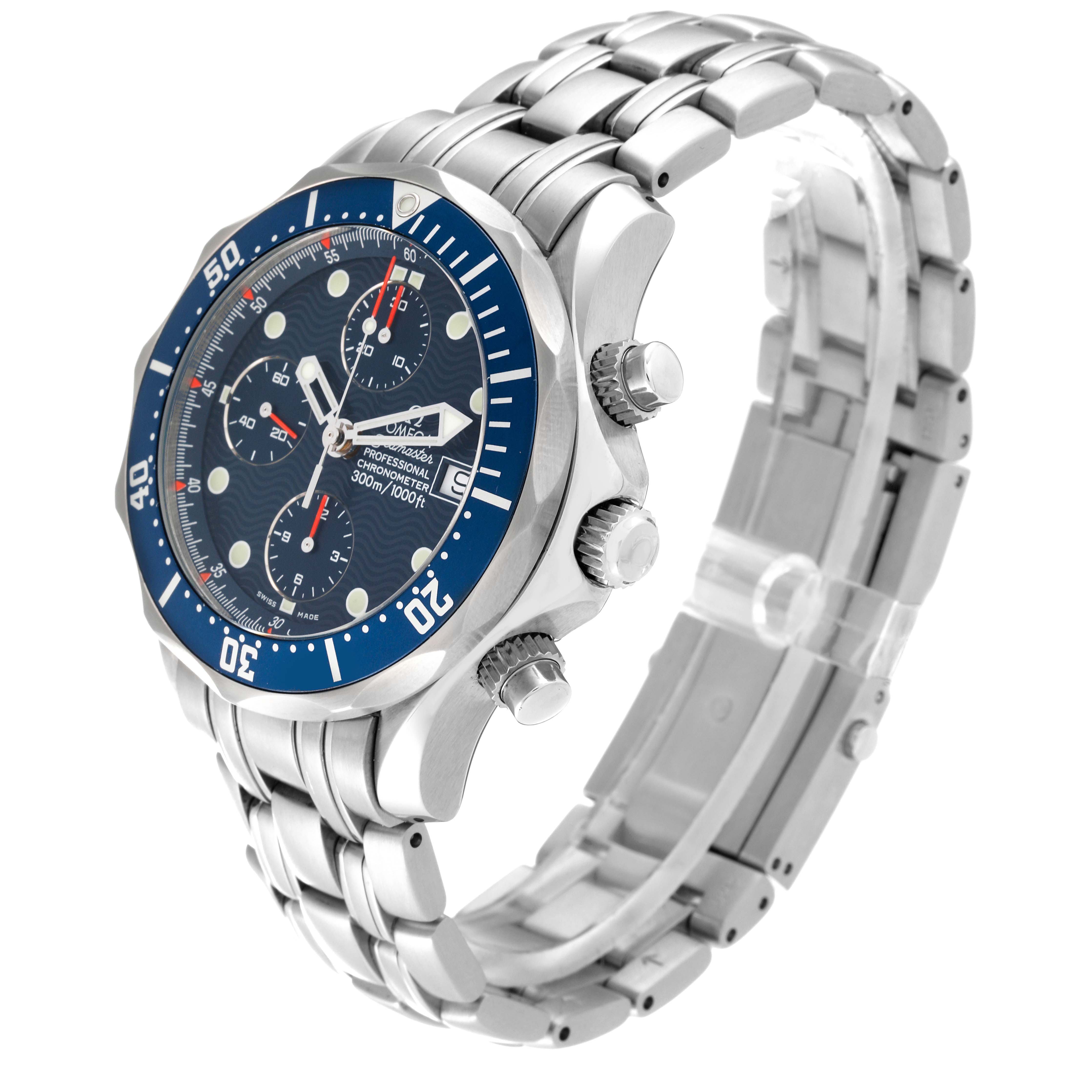 The Omega Seamaster 2599.80.00 Men's Stainless Steel Blue Dial 2599.80.00 Men's Stainless Steel Blue Dial watch is shown at a slight angle displaying the face, bezel, crown, pushers, and bracelet.