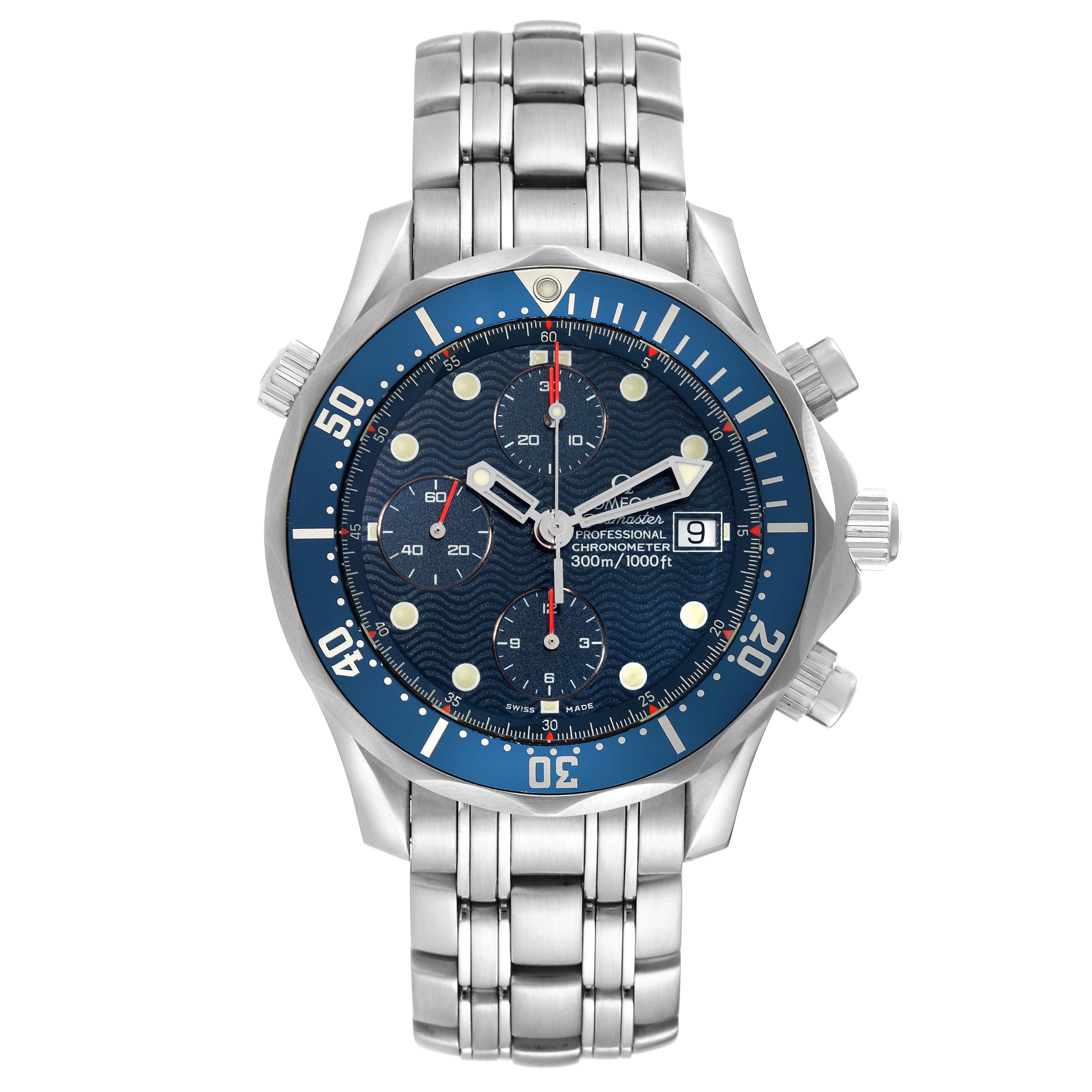 The Omega Seamaster 2599.80.00 Men's Stainless Steel Blue Dial 2599.80.00 Men's Stainless Steel Blue Dial watch is shown from a top-down angle, displaying its face, bezel, crown, and metal bracelet.