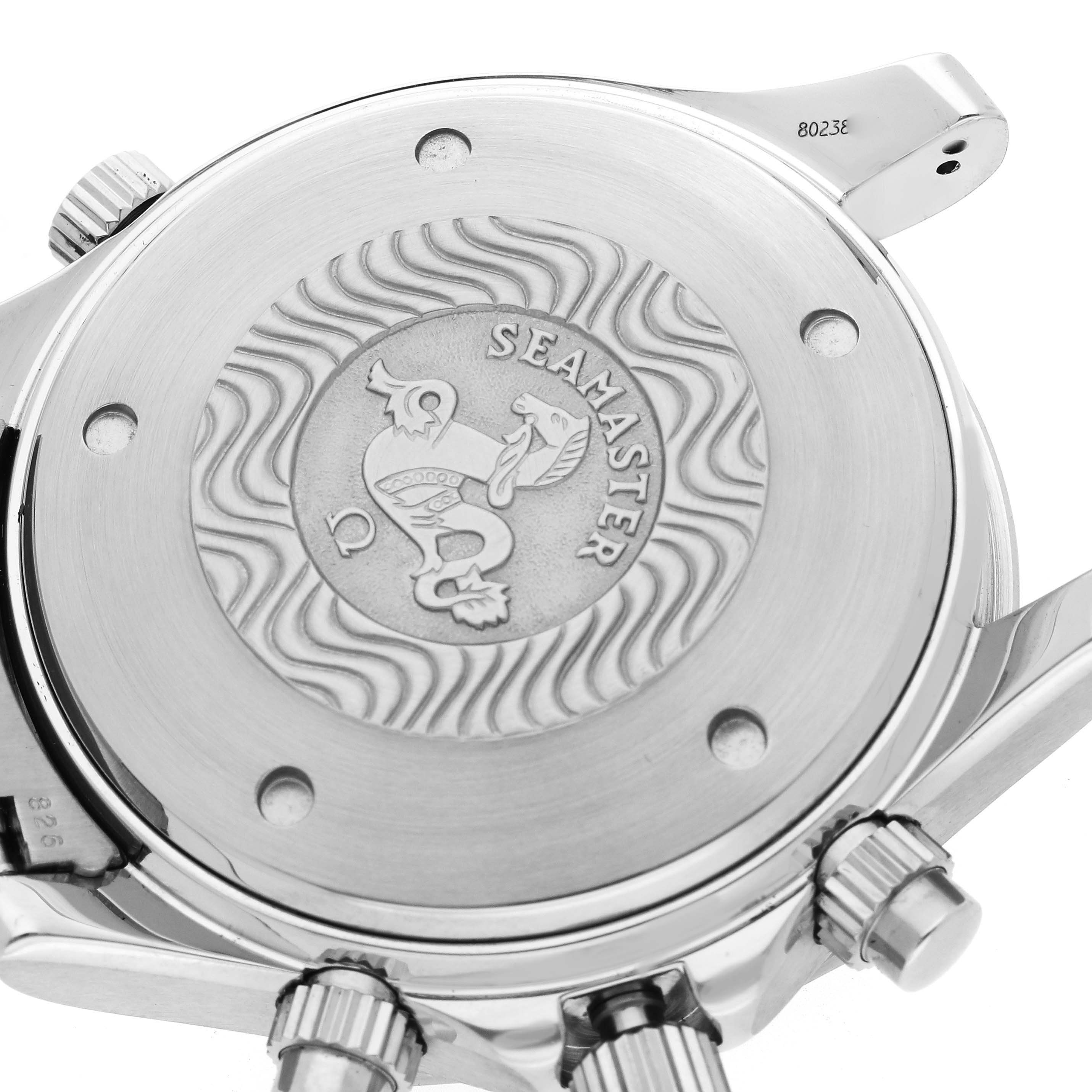 This image shows the case back and crown of an Omega Seamaster 2599.80.00 Men's Stainless Steel Blue Dial 2599.80.00 Men's Stainless Steel Blue Dial watch, featuring its engraved emblem and branding.