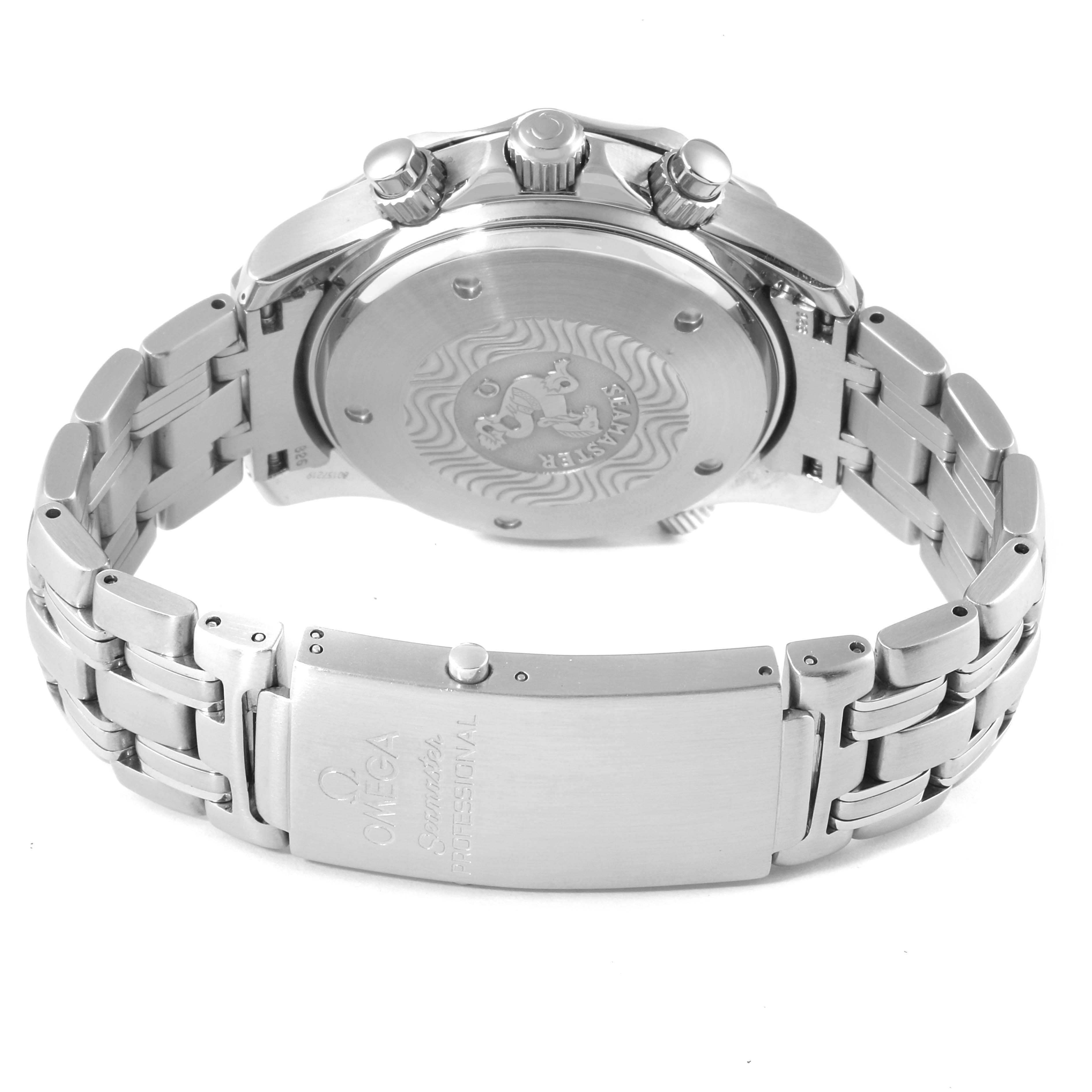 The watch is an Omega Seamaster 2599.80.00 Men's Stainless Steel Blue Dial 2599.80.00 Men's Stainless Steel Blue Dial model shown from the back, highlighting the case back, crown, and bracelet with clasp.