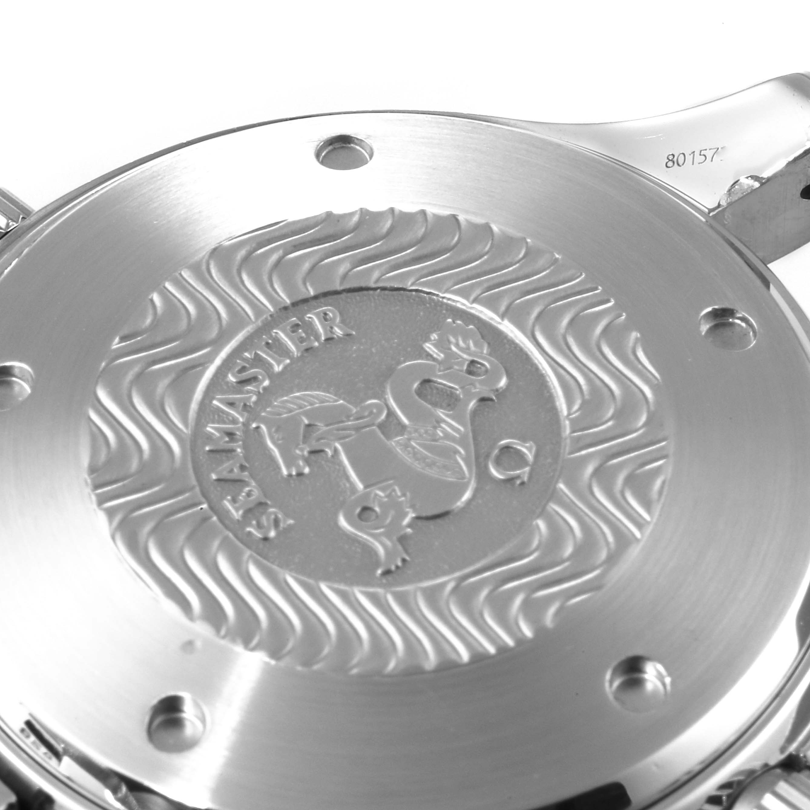 This image shows the back case of an Omega Seamaster 2599.80.00 Men's Stainless Steel Blue Dial 2599.80.00 Men's Stainless Steel Blue Dial watch, highlighting the engraved logo and model details.