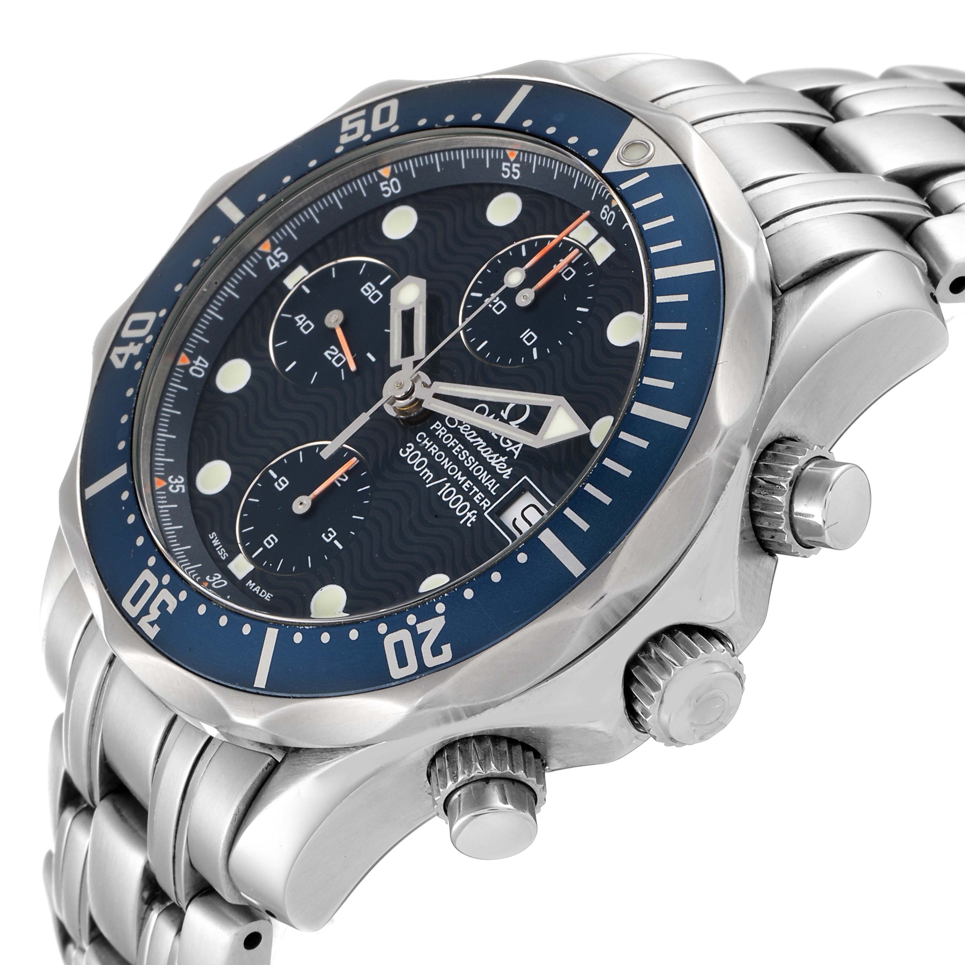 The image shows an angled view of the Omega Seamaster 2599.80.00 Men's Stainless Steel Blue Dial 2599.80.00 Men's Stainless Steel Blue Dial watch, highlighting the bezel, dial, crown, and part of the metal bracelet.