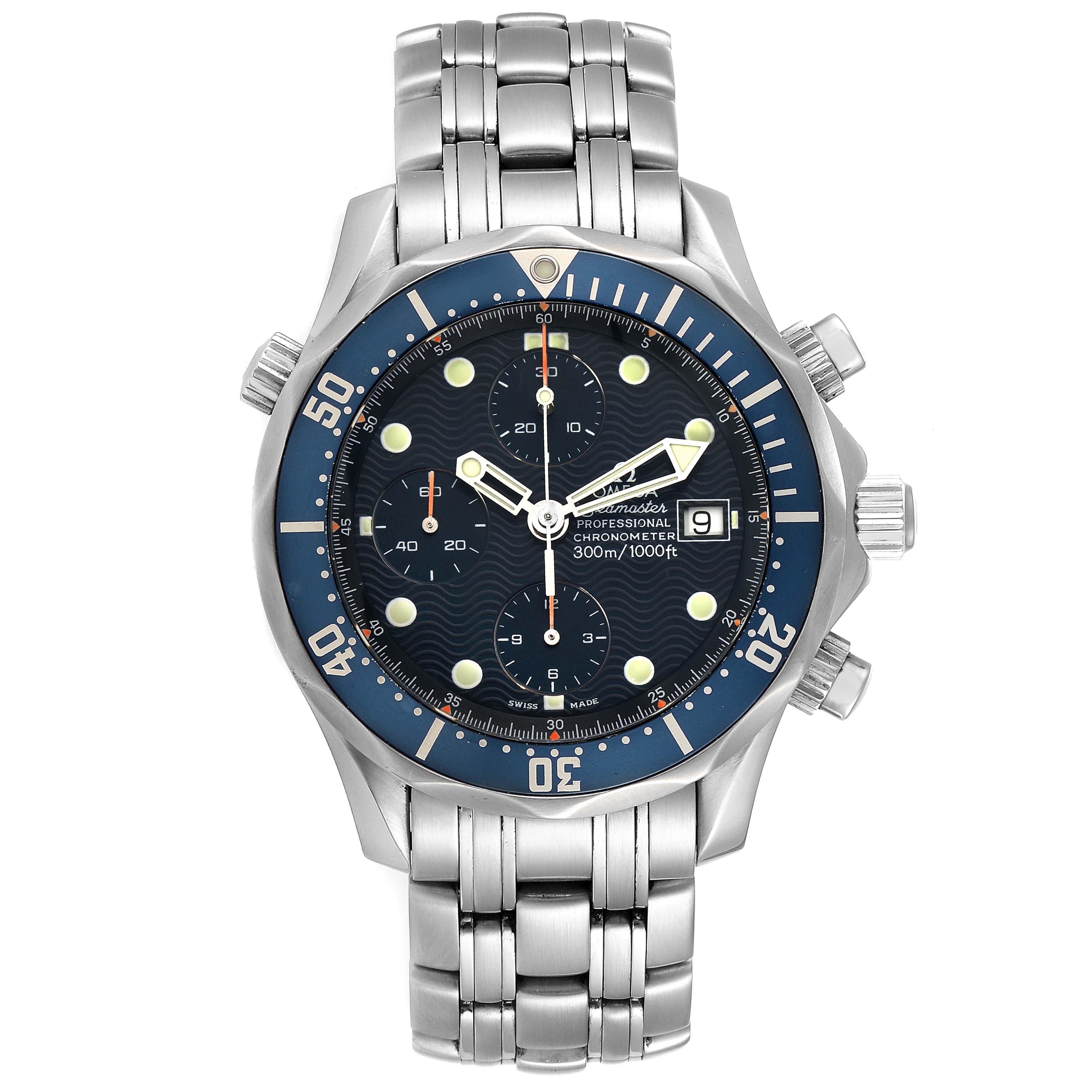 The image shows a frontal view of an Omega Seamaster 2599.80.00 Men's Stainless Steel Blue Dial 2599.80.00 Men's Stainless Steel Blue Dial watch, displaying its dial, bezel, pushers, and stainless steel bracelet.