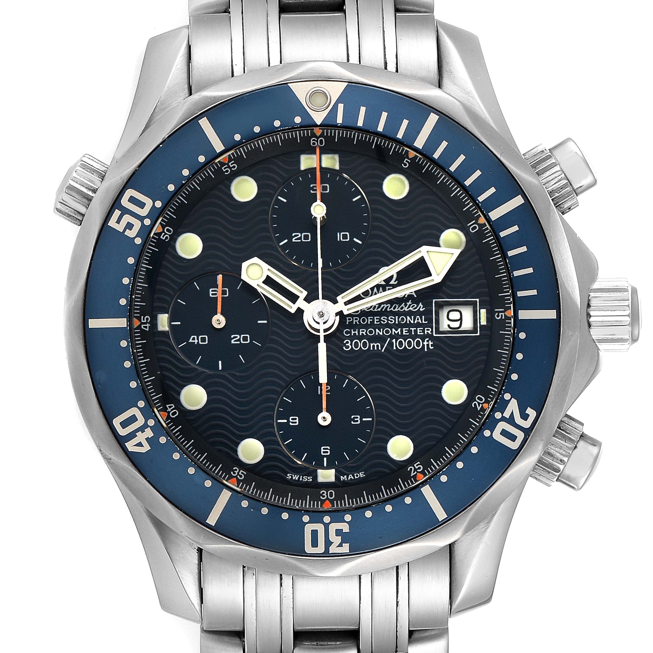 The image shows a frontal view of an Omega Seamaster 2599.80.00 Men's Stainless Steel Blue Dial 2599.80.00 Men's Stainless Steel Blue Dial watch, displaying its dial, bezel, and chronograph subdials.