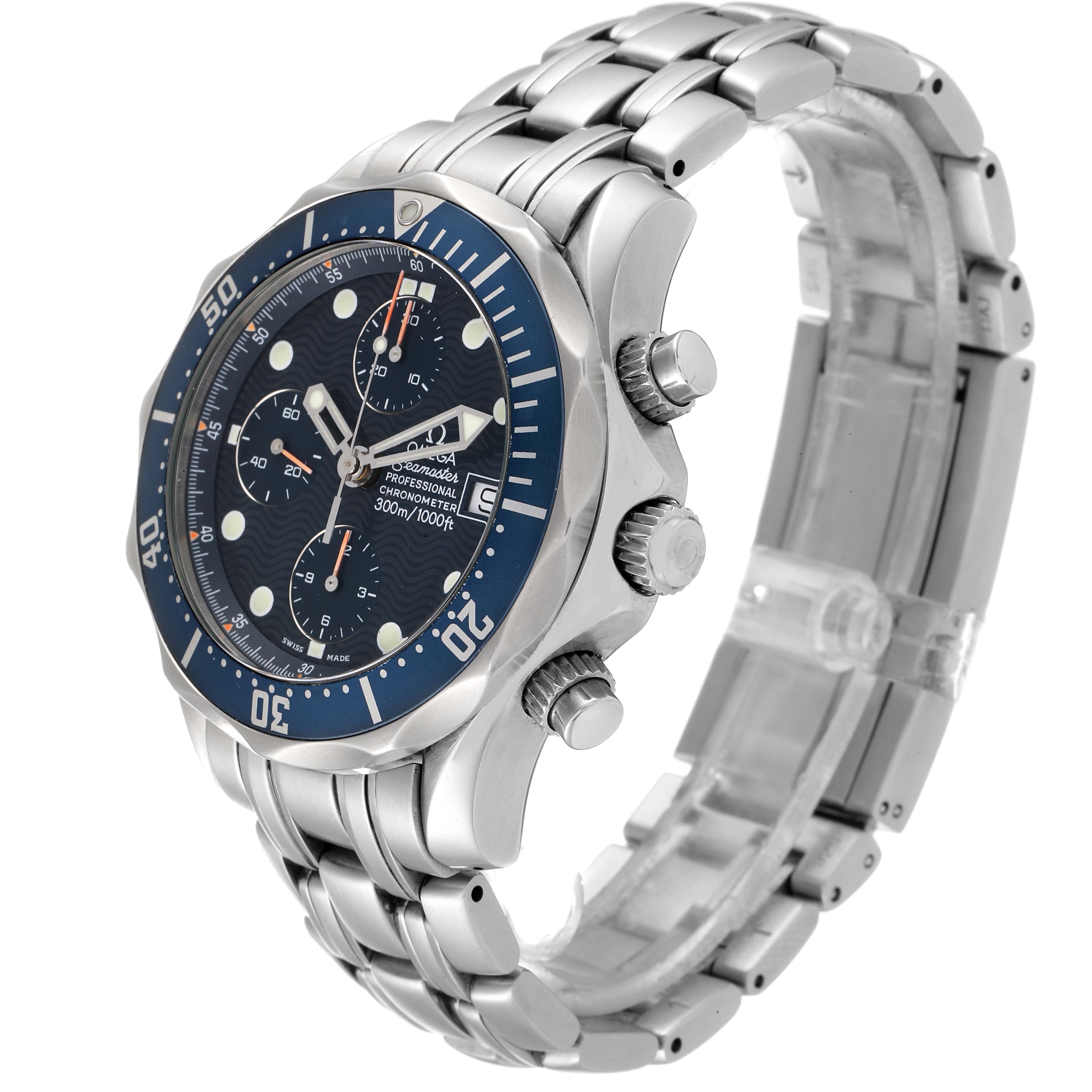 The image shows a side-angle view of an Omega Seamaster 2599.80.00 Men's Stainless Steel Blue Dial 2599.80.00 Men's Stainless Steel Blue Dial watch, highlighting the face, bezel, crown, and stainless steel bracelet.