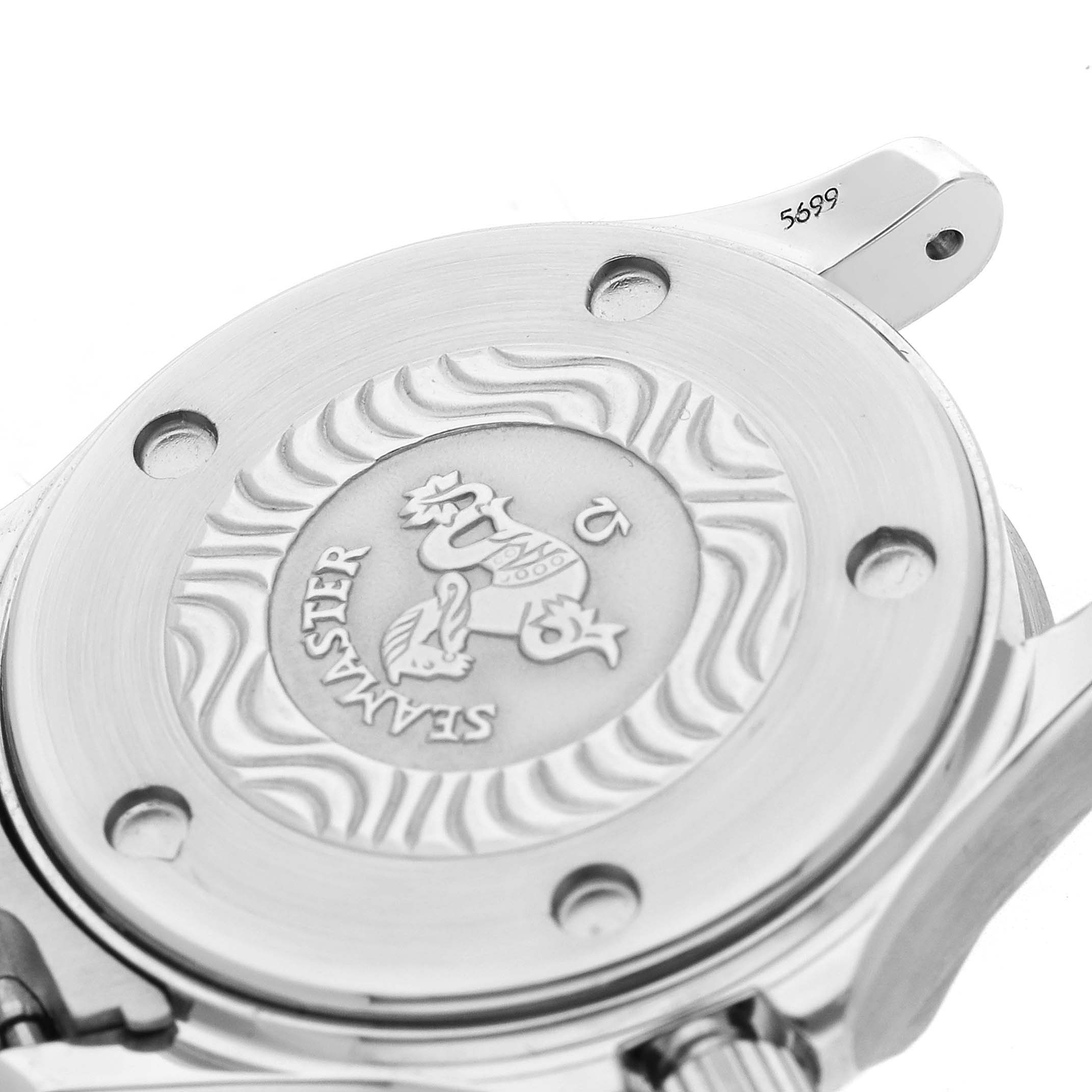 The image shows the back of an Omega Seamaster 2284.50.00 Men's Stainless Steel Black Dial watch, highlighting the engraved caseback logo and parts of the lugs.
