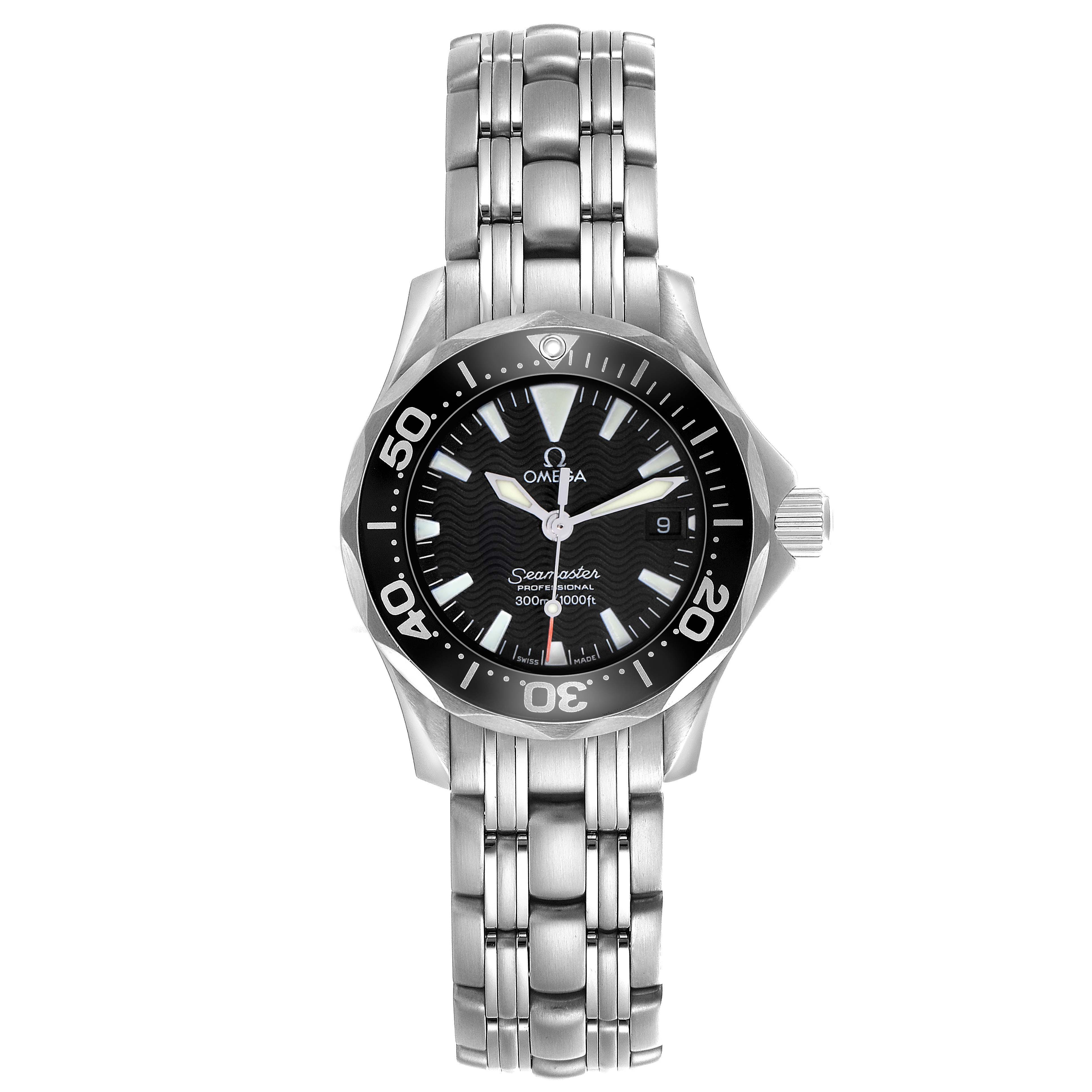 The Omega Seamaster 2284.50.00 Men's Stainless Steel Black Dial watch is shown from a top-down angle, displaying the face, bezel, and bracelet.