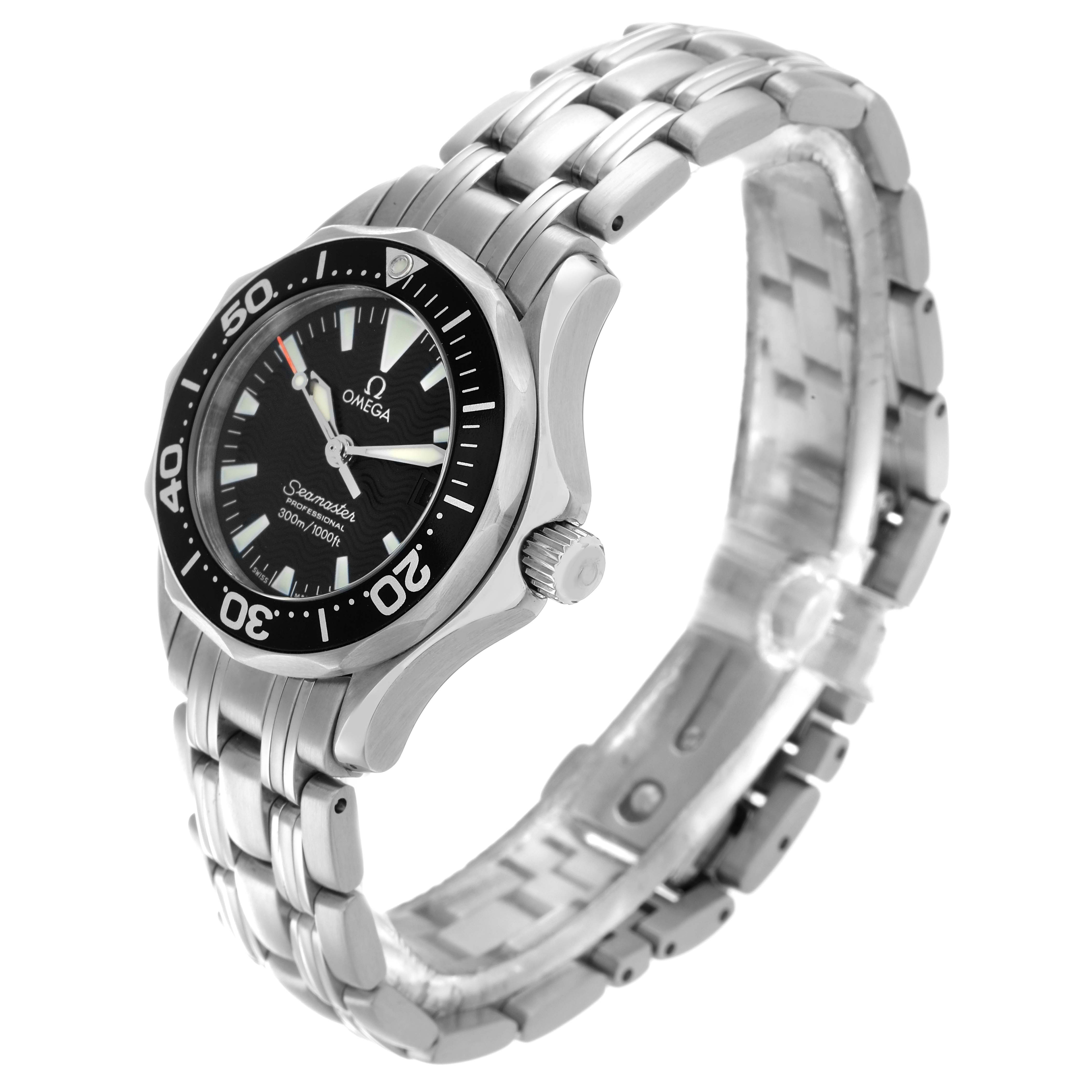 The Omega Seamaster 2284.50.00 Men's Stainless Steel Black Dial watch is shown at an angled side view, displaying its bezel, dial, crown, and stainless steel bracelet.