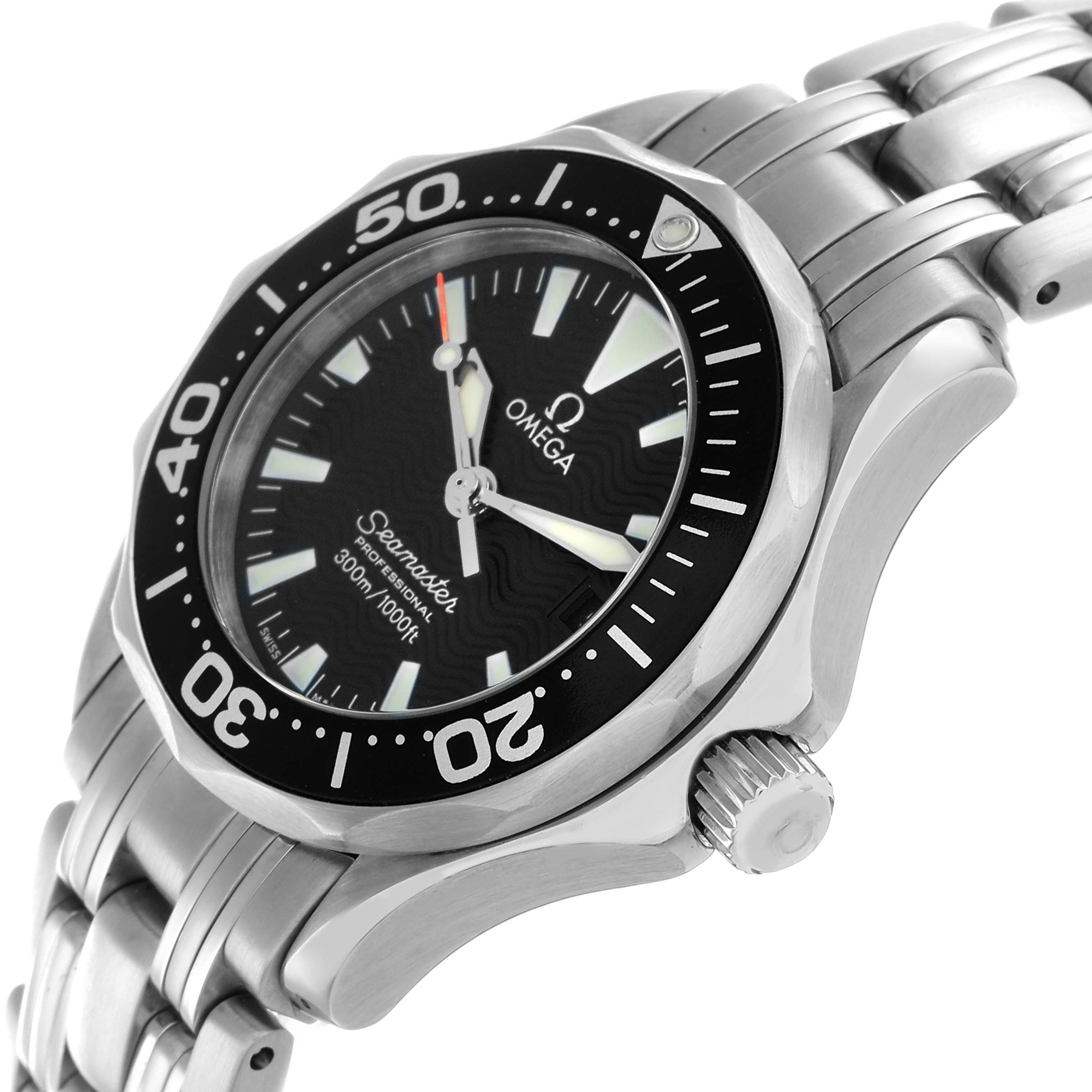 The Omega Seamaster 2284.50.00 Men's Stainless Steel Black Dial watch is shown at an angled view, highlighting the bezel, dial, and bracelet.