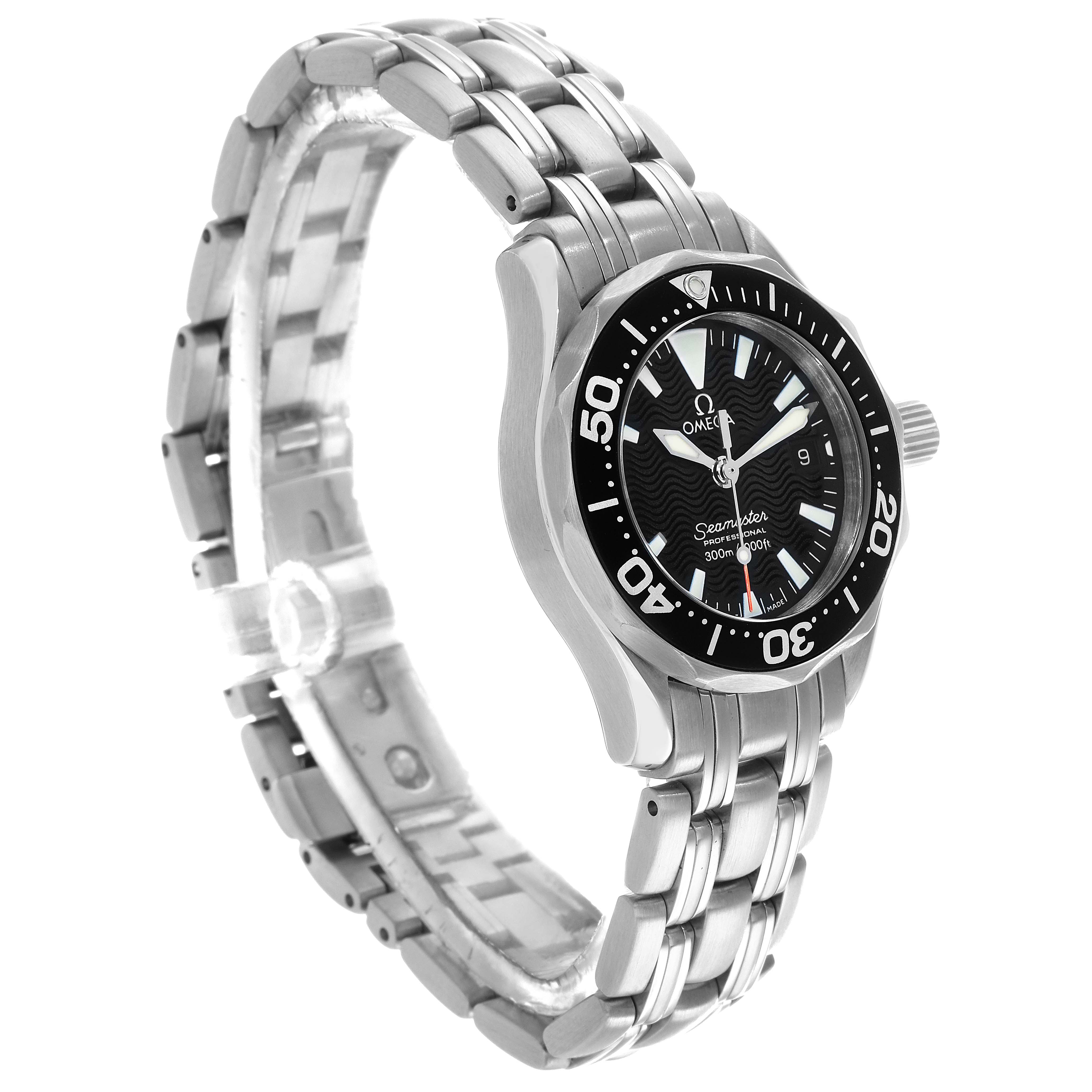 The Omega Seamaster 2284.50.00 Men's Stainless Steel Black Dial watch is shown at a three-quarter angle, highlighting its face, bezel, and stainless steel bracelet.