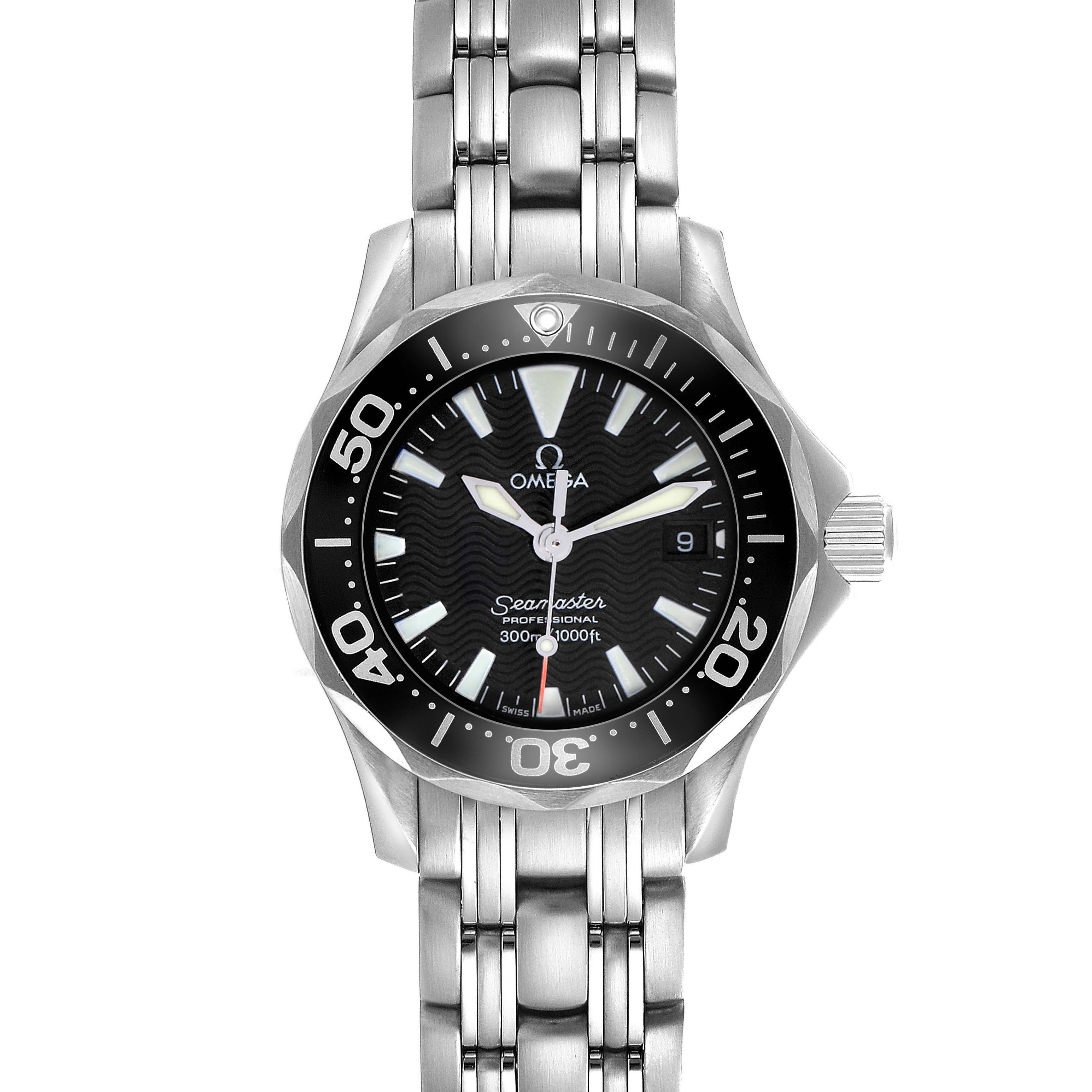 The Omega Seamaster 2284.50.00 Men's Stainless Steel Black Dial watch is shown from a front angle, displaying the dial, bezel, bracelet, and crown.
