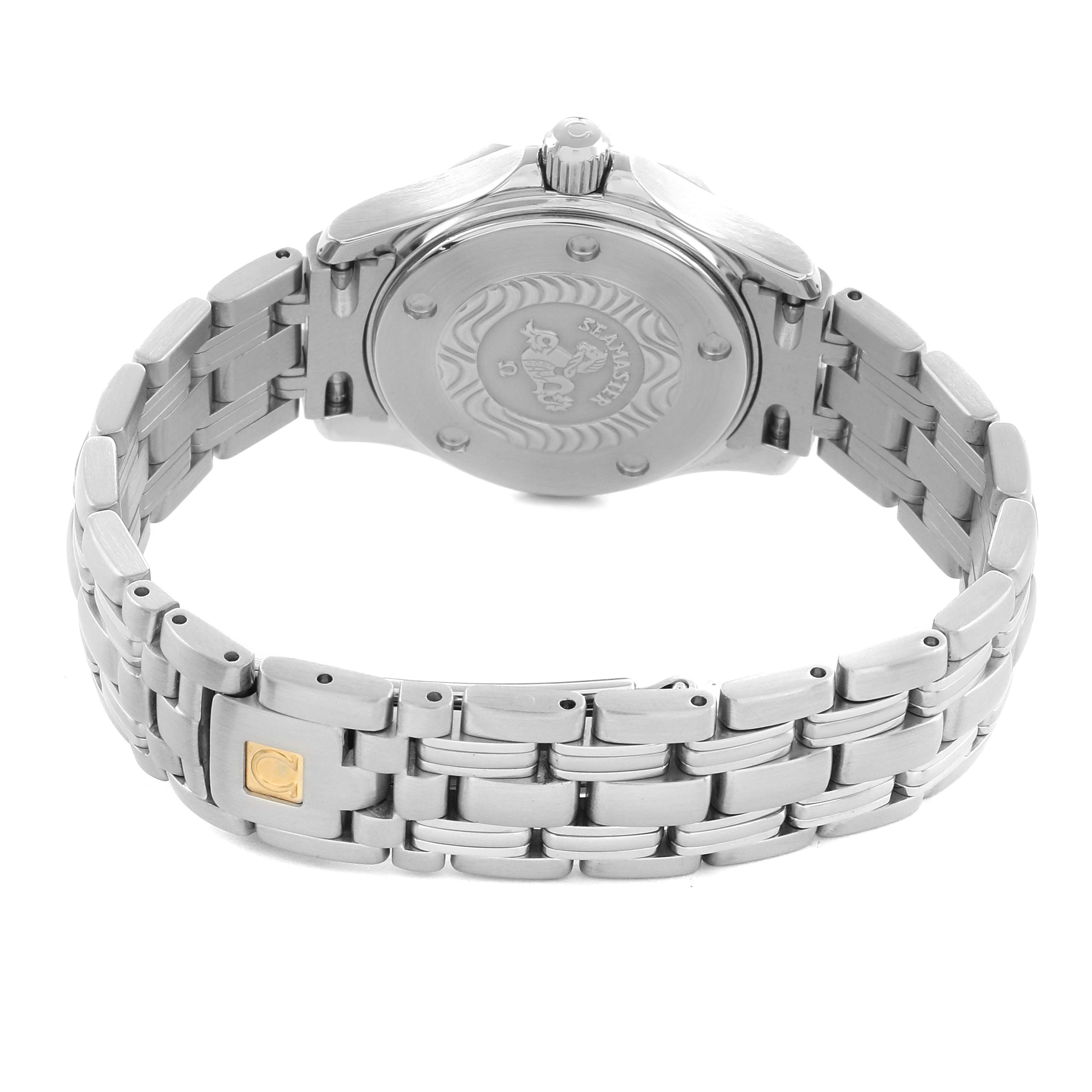 The Omega Seamaster 2284.50.00 Men's Stainless Steel Black Dial is shown from the back, highlighting the stainless steel bracelet and engraved case back.