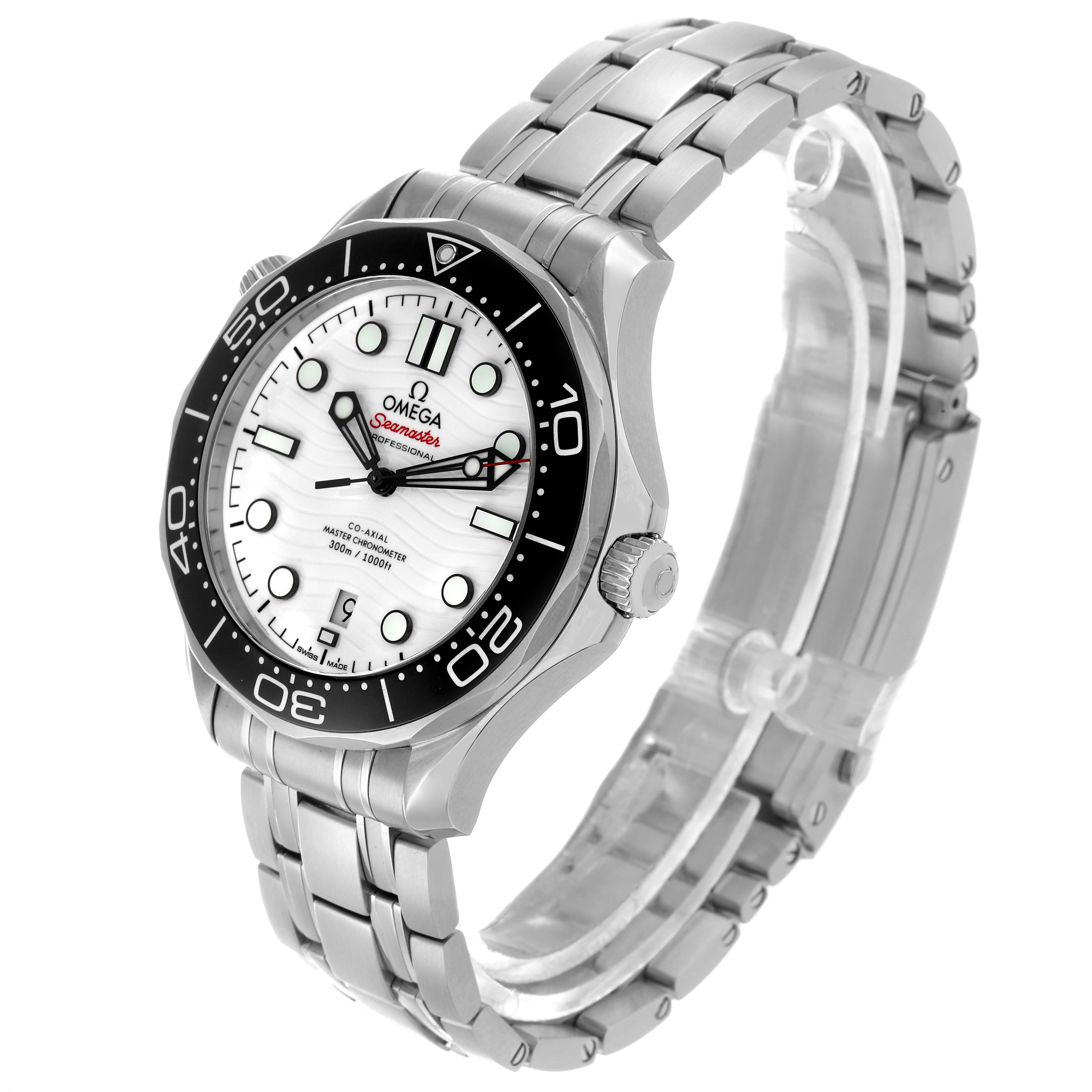 The Omega Seamaster 210.30.42.20.04.001 Men
s Stainless Steel White Dial watch is shown at a three-quarter angle, highlighting the face, bezel, bracelet, and crown.