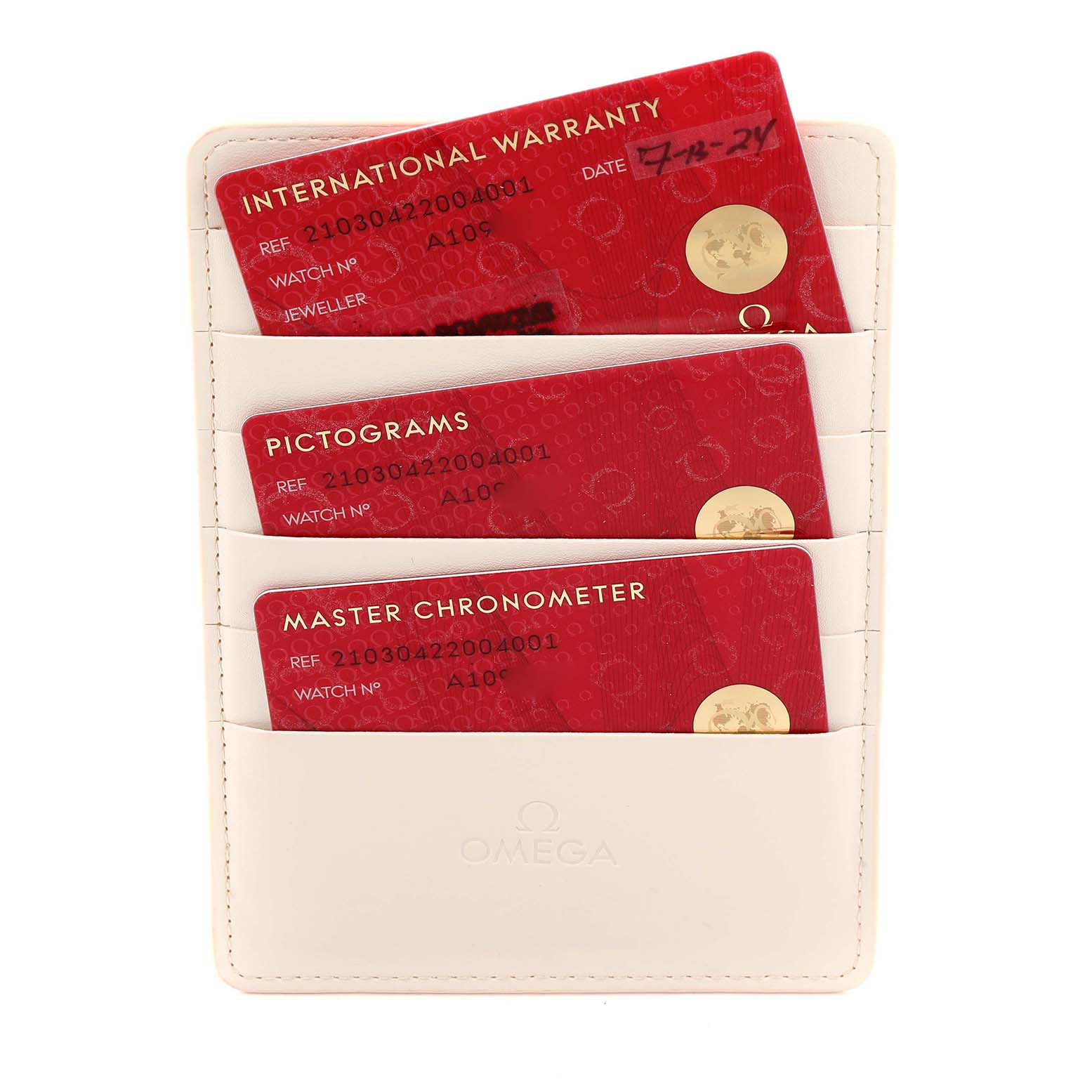 The image shows three red certification cards for an Omega Seamaster 210.30.42.20.04.001 Men
s Stainless Steel White Dial, held in a white cardholder.