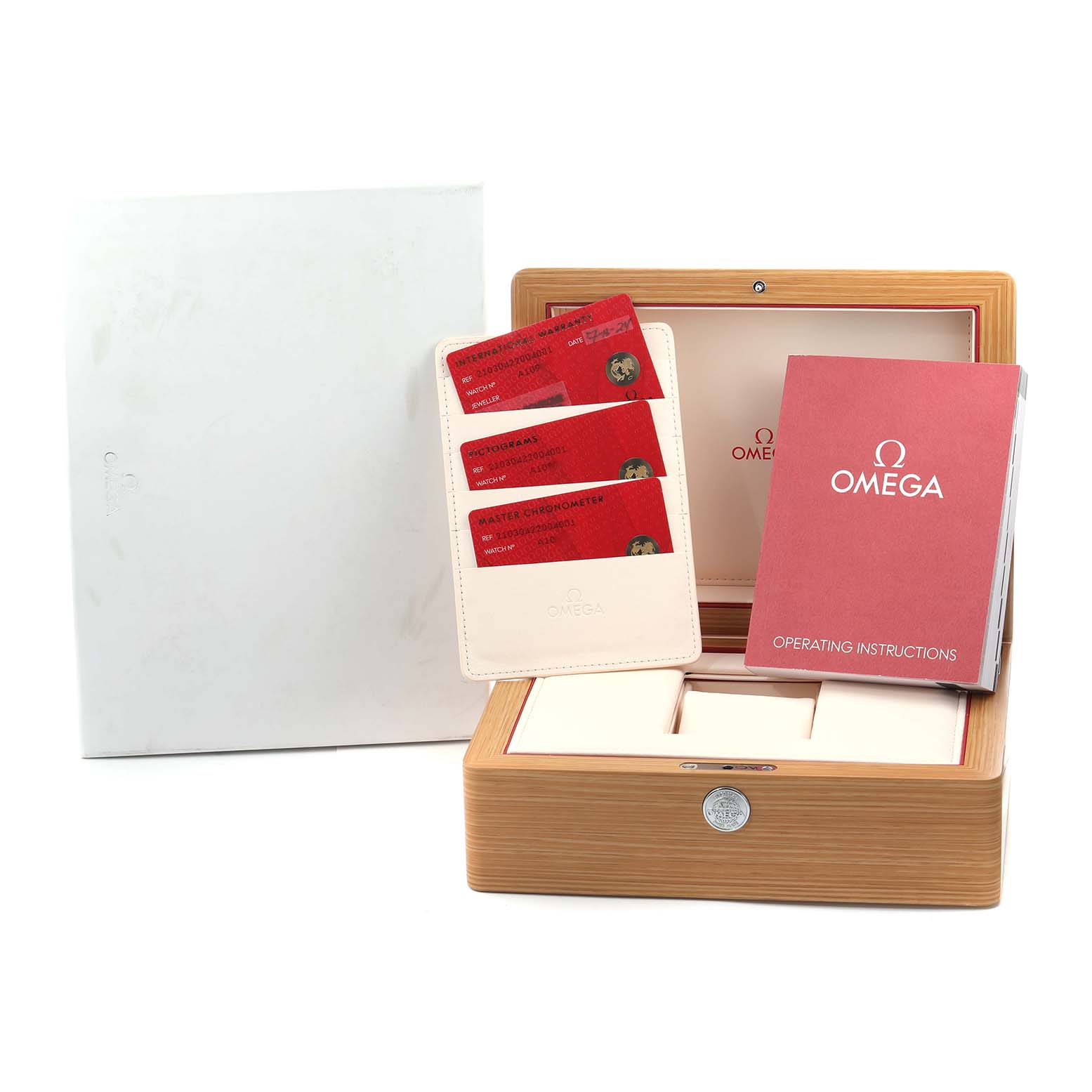 The image shows an Omega Seamaster 210.30.42.20.04.001 Men
s Stainless Steel White Dial watch box with operating instructions and warranty cards, viewed from the front.