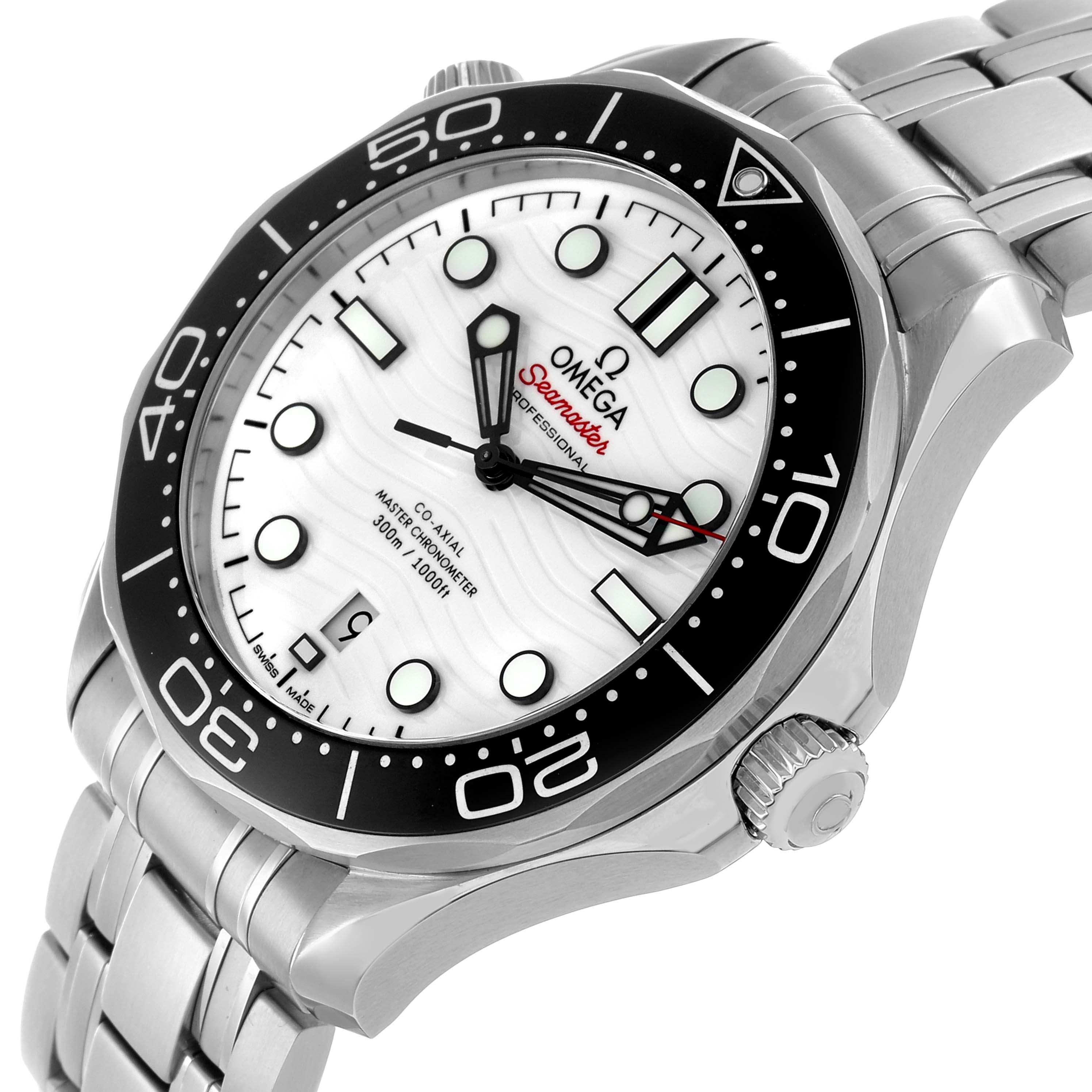 The Omega Seamaster 210.30.42.20.04.001 Men
s Stainless Steel White Dial watch is shown at a slight angle, highlighting the dial, bezel, crown, and metal bracelet.
