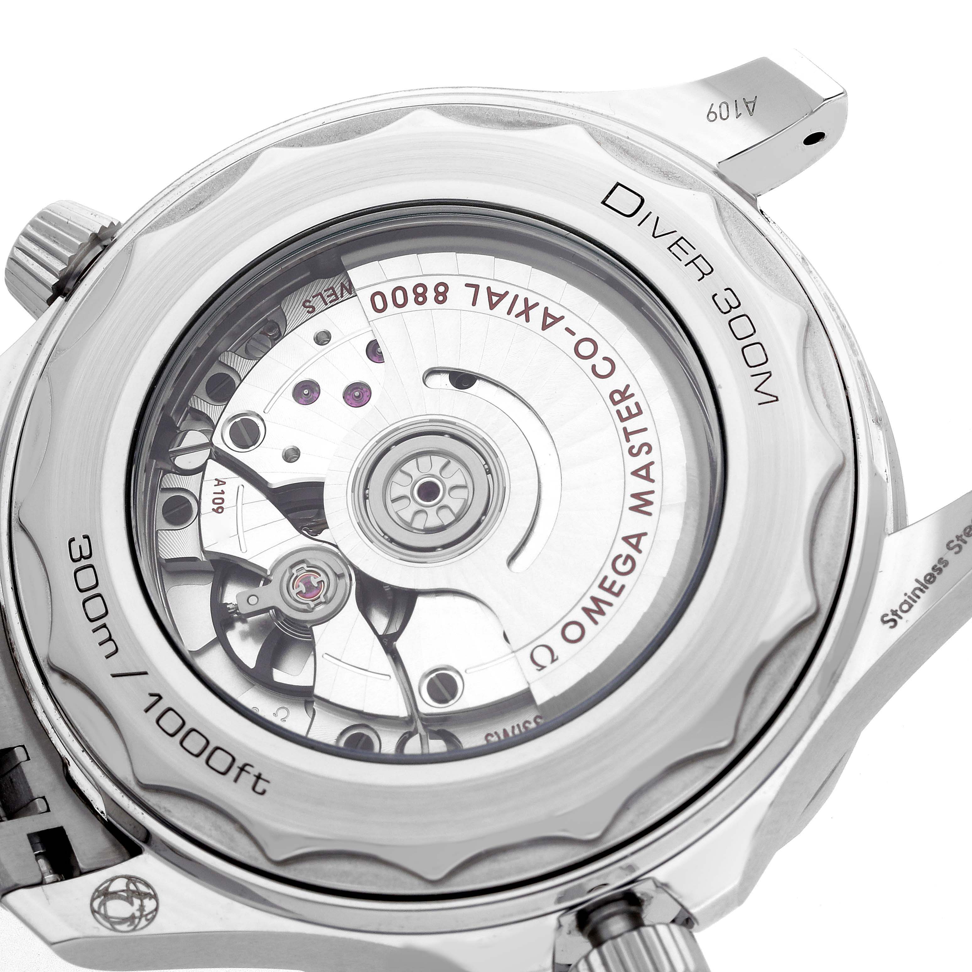 The image shows the back view of an Omega Seamaster 210.30.42.20.04.001 Men
s Stainless Steel White Dial watch, highlighting the movement and caseback details.