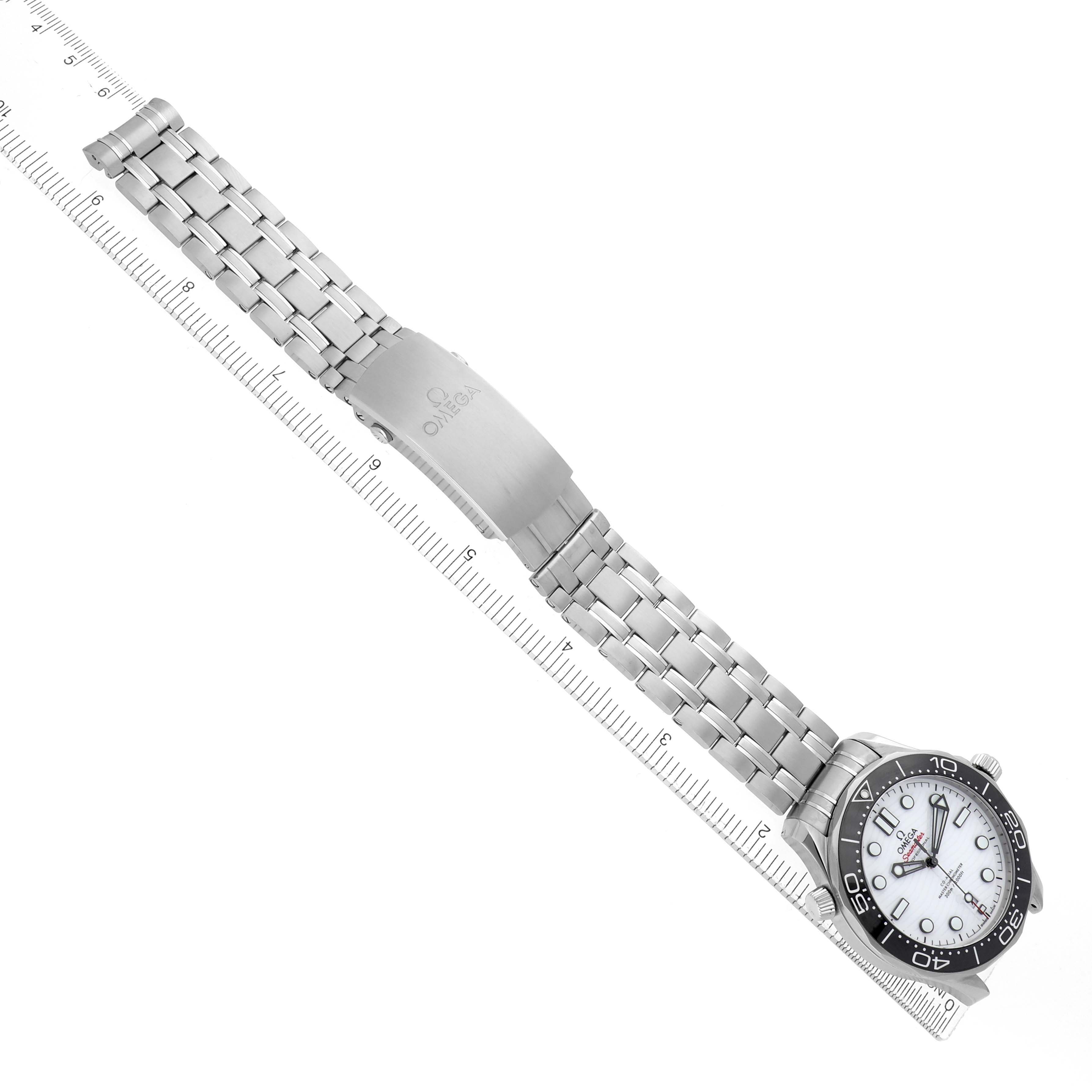 The Omega Seamaster 210.30.42.20.04.001 Men
s Stainless Steel White Dial watch is shown from a top view, displaying its bracelet, clasp, and face.