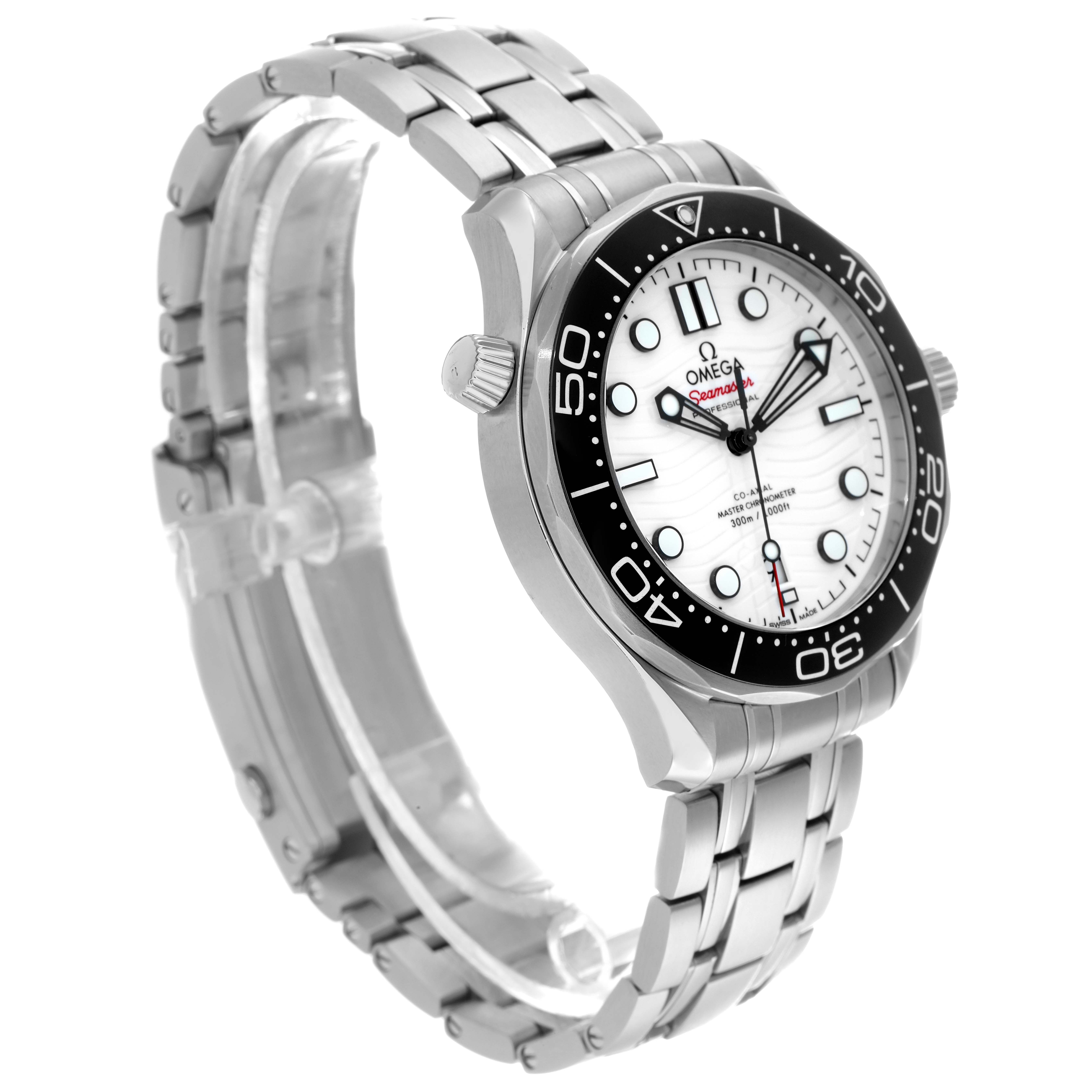 The image shows an Omega Seamaster 210.30.42.20.04.001 Men
s Stainless Steel White Dial watch at a three-quarter angle, highlighting the bezel, crown, dial, and bracelet.