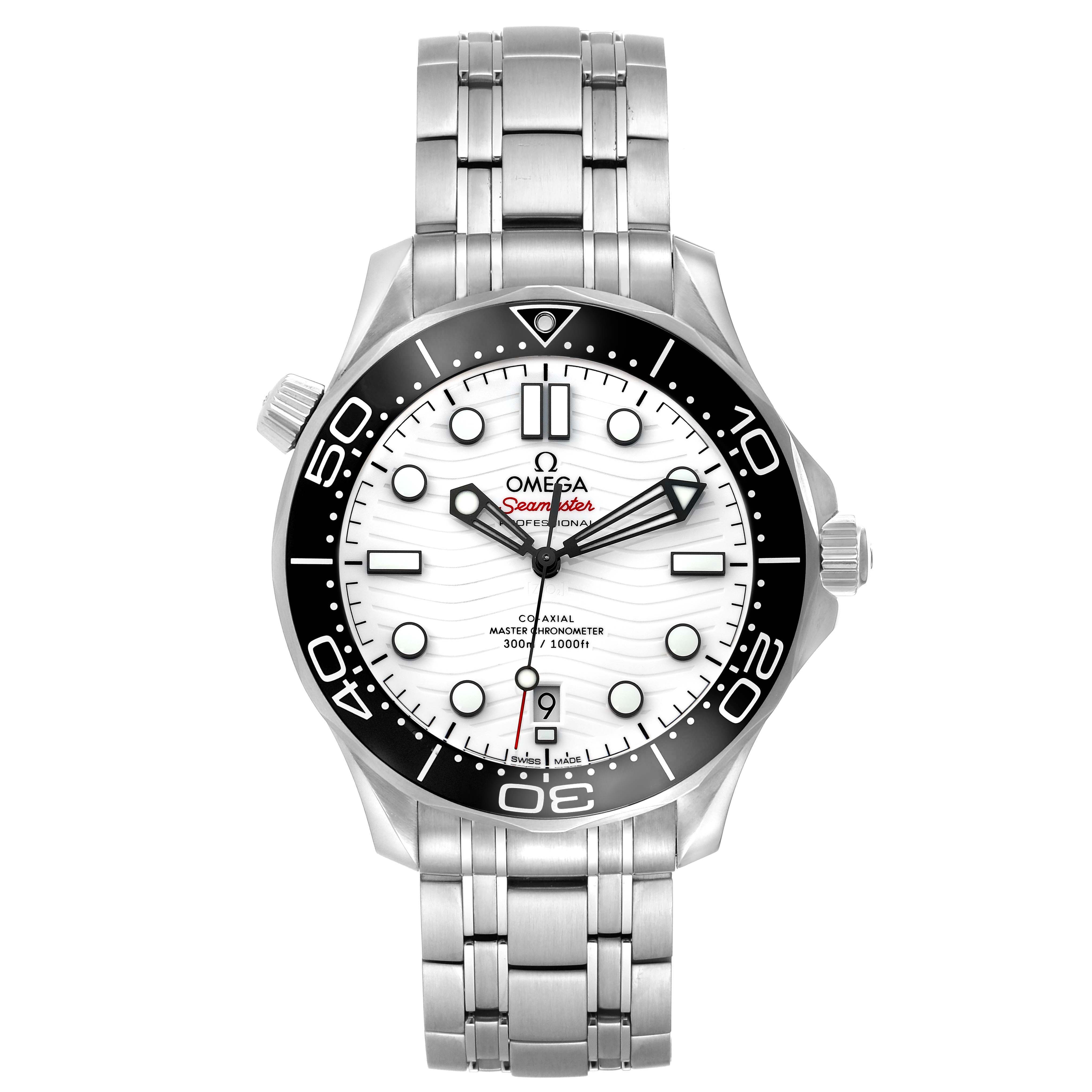 The Omega Seamaster 210.30.42.20.04.001 Men
s Stainless Steel White Dial watch is shown from a top view, displaying its dial, bezel, crown, and stainless steel bracelet.