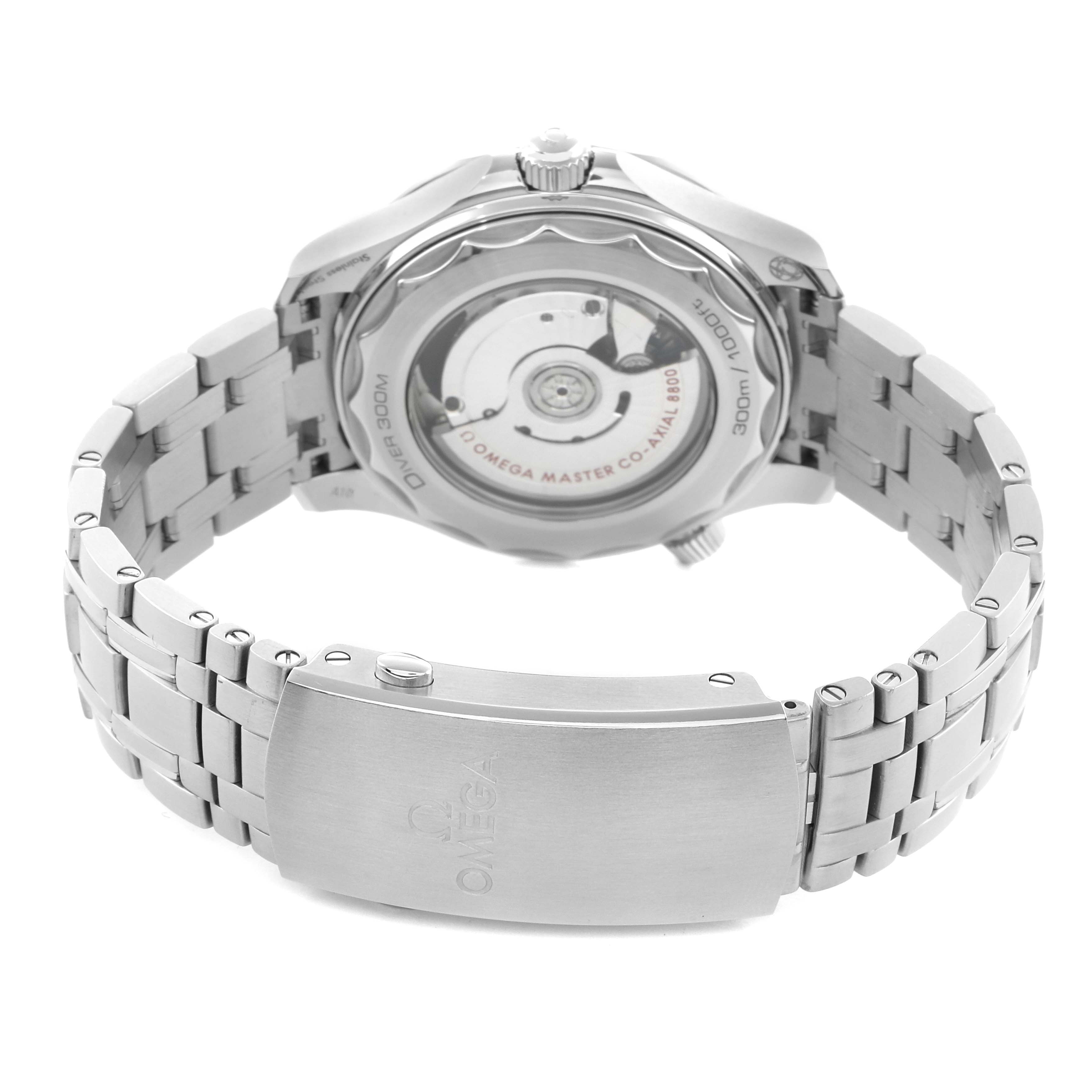 The Omega Seamaster 210.30.42.20.04.001 Men
s Stainless Steel White Dial watch is shown from the back, displaying the case back and part of the bracelet clasp.