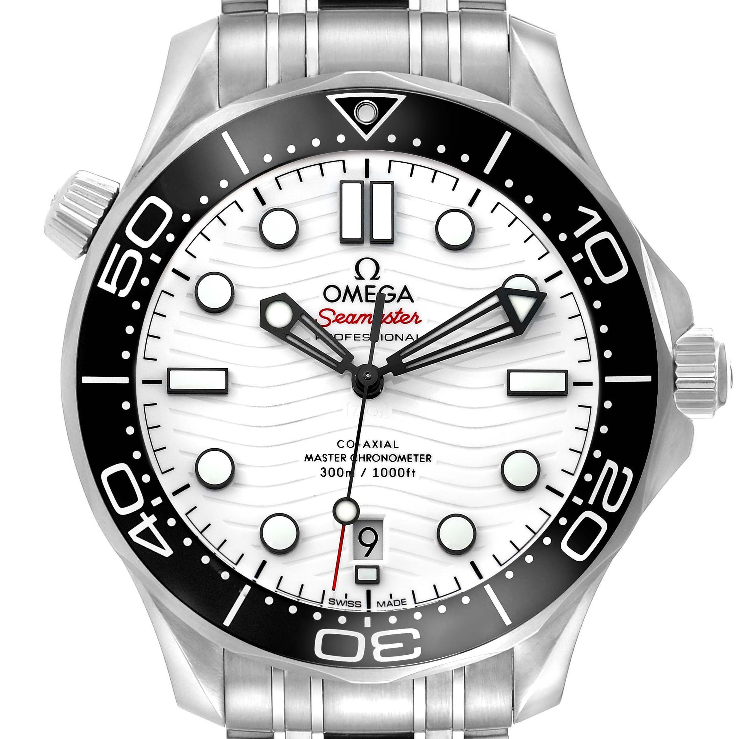 The Omega Seamaster 210.30.42.20.04.001 Men
s Stainless Steel White Dial watch is shown from the front, highlighting its dial, hands, and bezel.