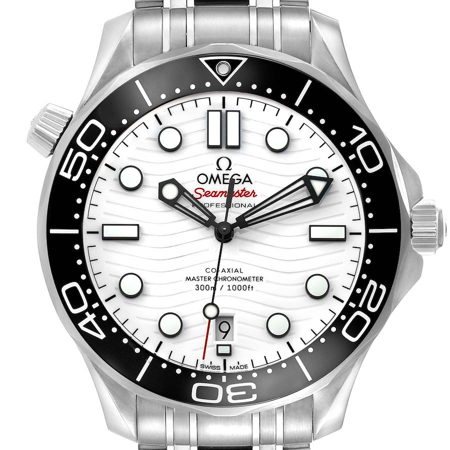 The Omega Seamaster 210.30.42.20.04.001 Men's Stainless Steel White Dial watch is shown from the front, highlighting its dial, hands, and bezel.