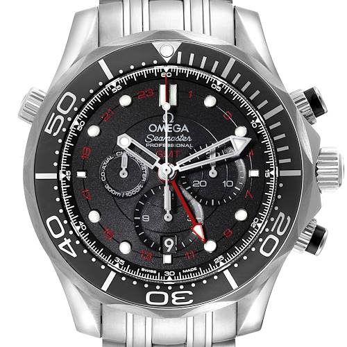 The image shows a front view of the Omega Seamaster watch, highlighting the bezel, dial, hands, and subdials.