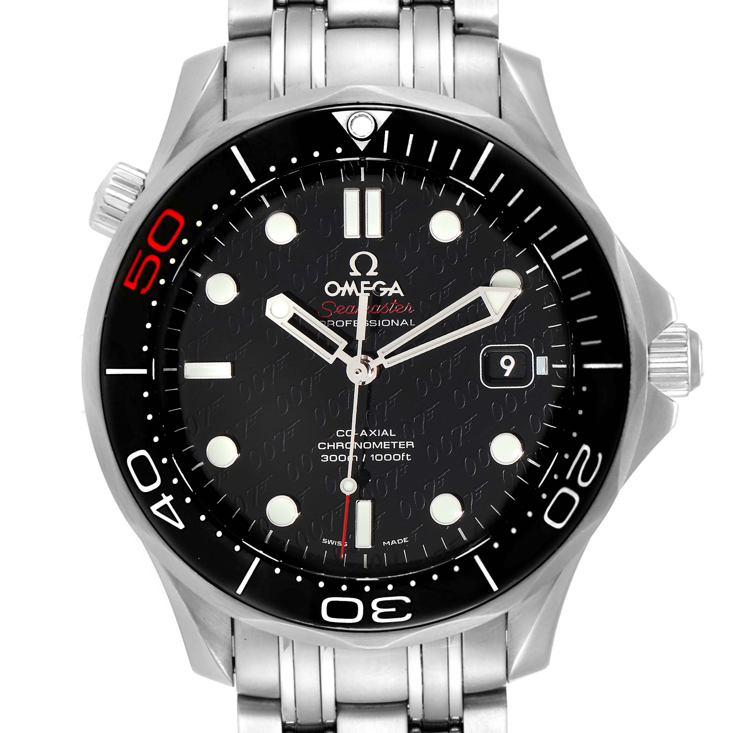 The image shows a head-on view of the Omega Seamaster 212.30.41.20.01.005 Men's Stainless Steel Black Dial 212.30.41.20.01.005 Men's Stainless Steel Black Dial watch, displaying the dial, bezel, crown, and part of the bracelet.