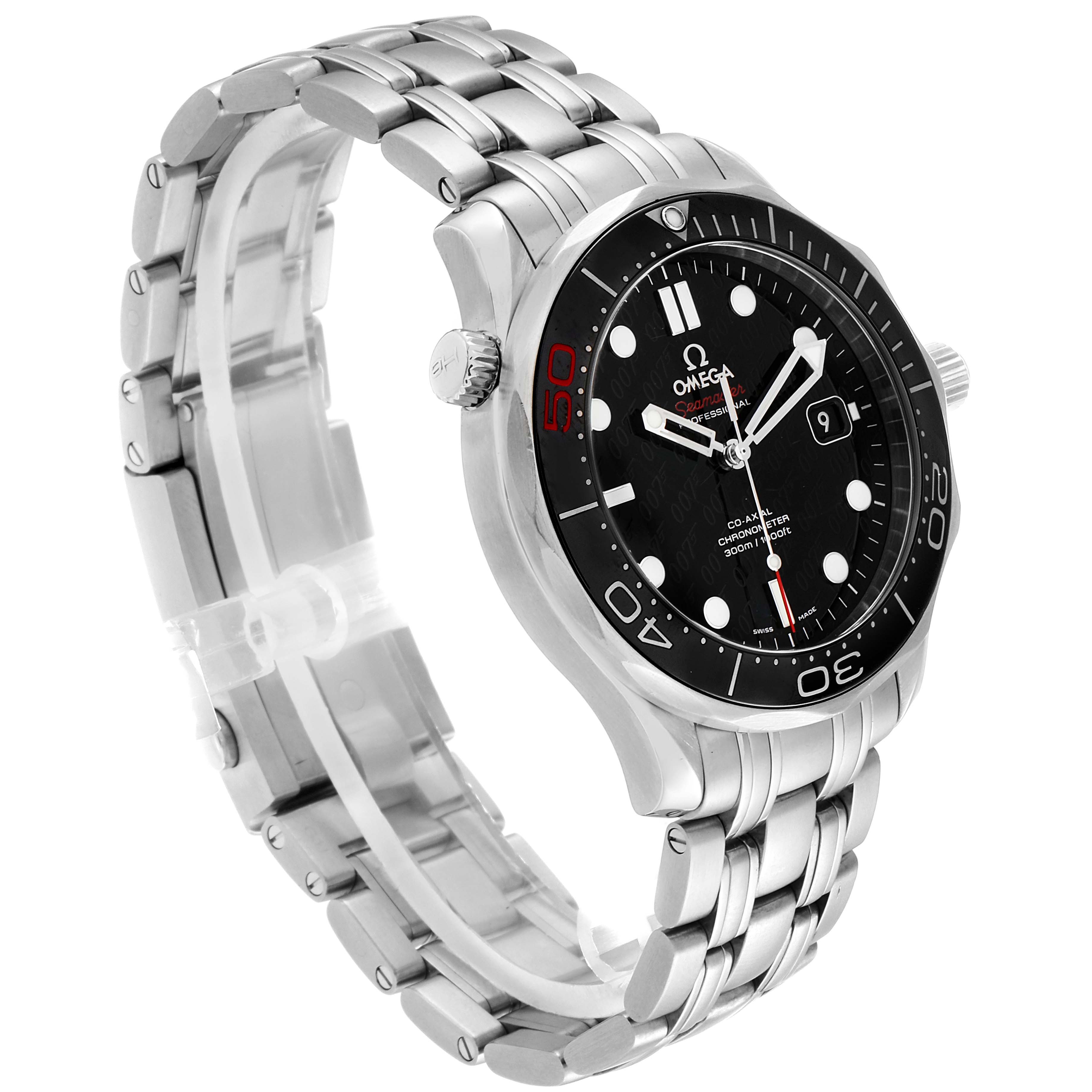 The image shows an Omega Seamaster 212.30.41.20.01.005 Men's Stainless Steel Black Dial 212.30.41.20.01.005 Men's Stainless Steel Black Dial watch at a front-side angle, highlighting its bezel, dial, crown, and stainless steel bracelet.